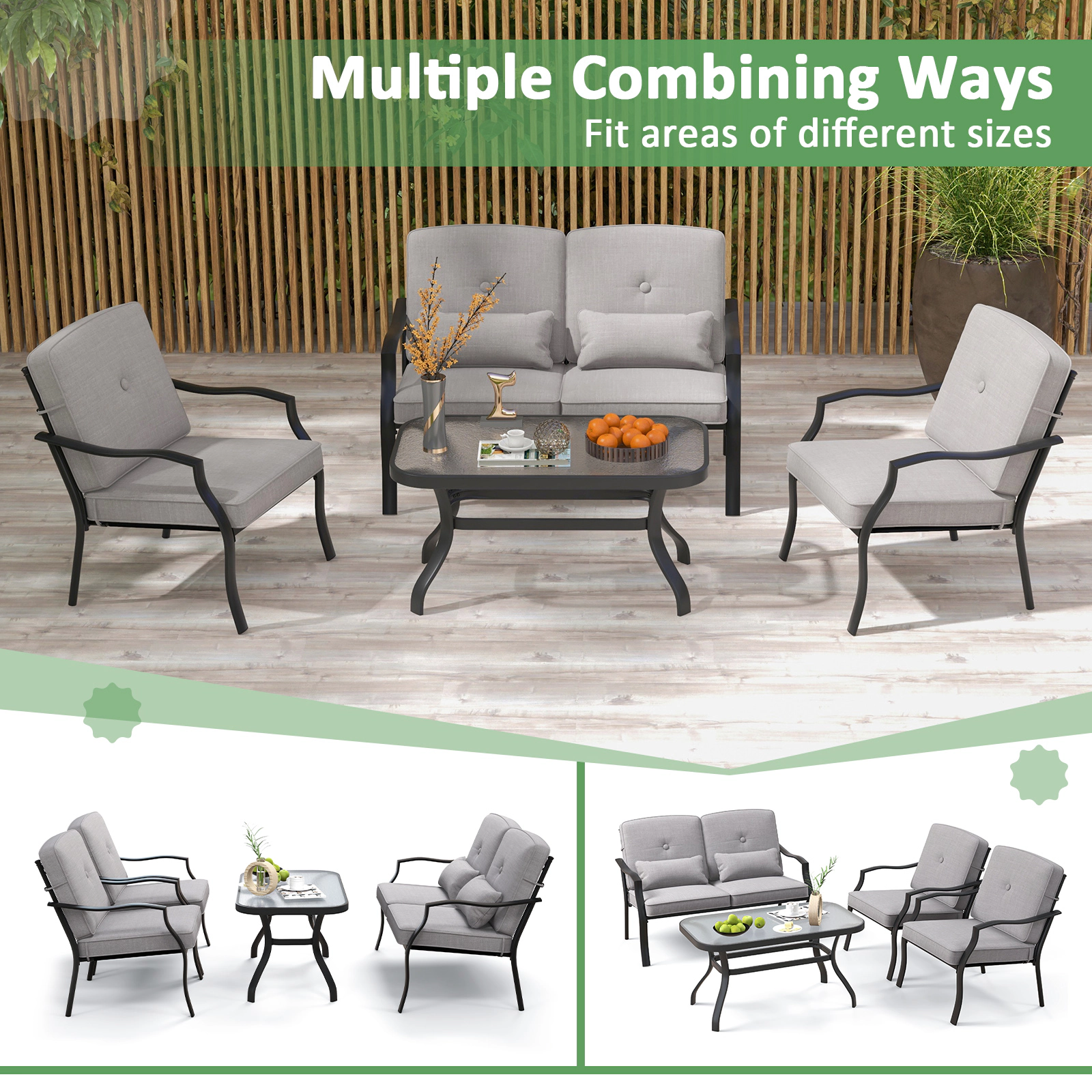 SUGIFT Gray Seat Cushions Waist Pillows and Glass Table 4-Piece Outdoor Conversation Set