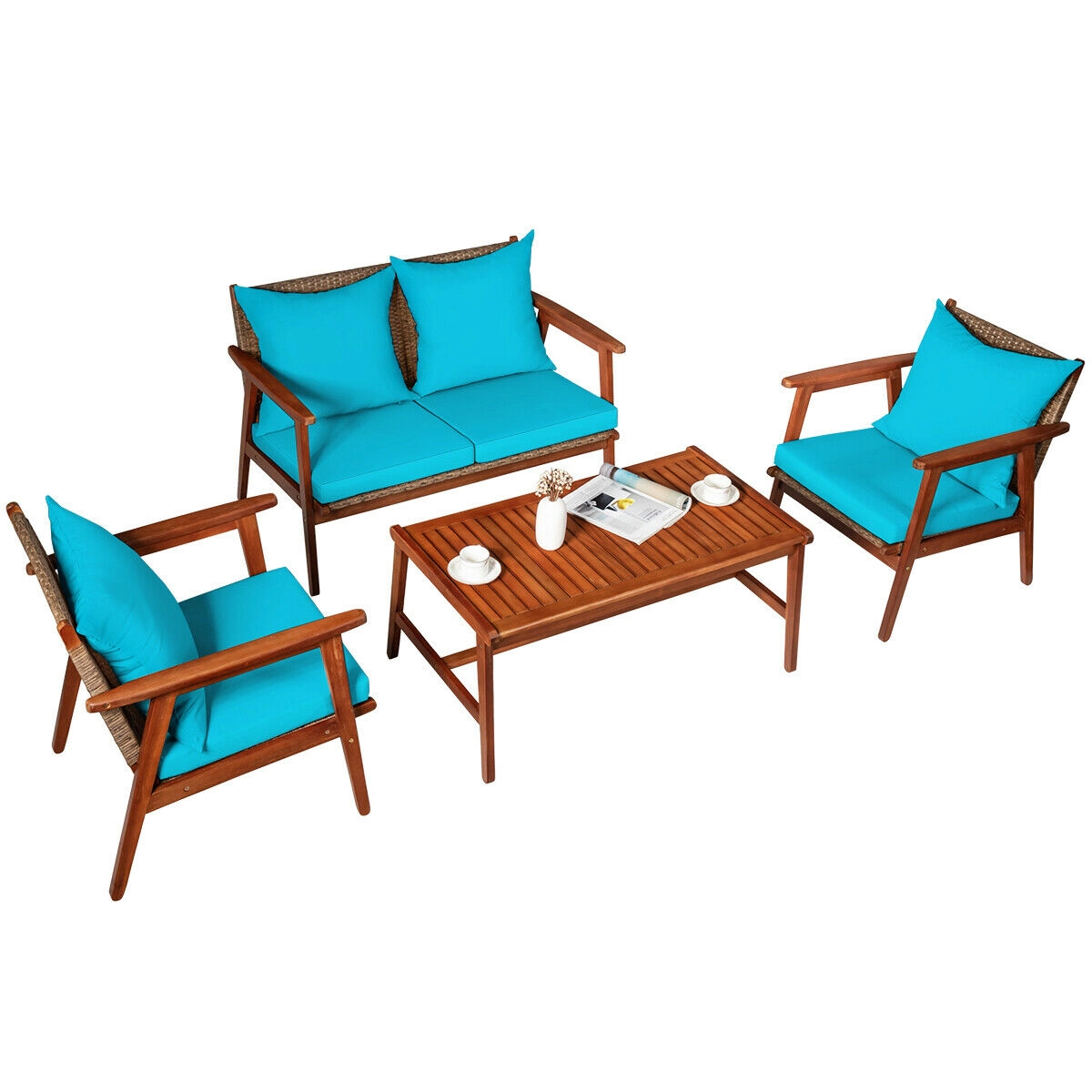SUGIFT 4-Piece Acacia Wood Rattan Sofa Set with Coffee Table 45-in W Loveseat 710-lb Loveseat Capacity Turquoise