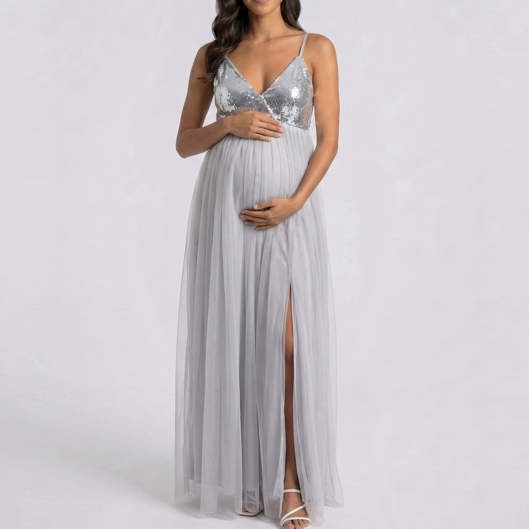 Anna-Kaci Women's Sequin Bodice Tulle Skirt Front Slit Maternity Maxi Dress