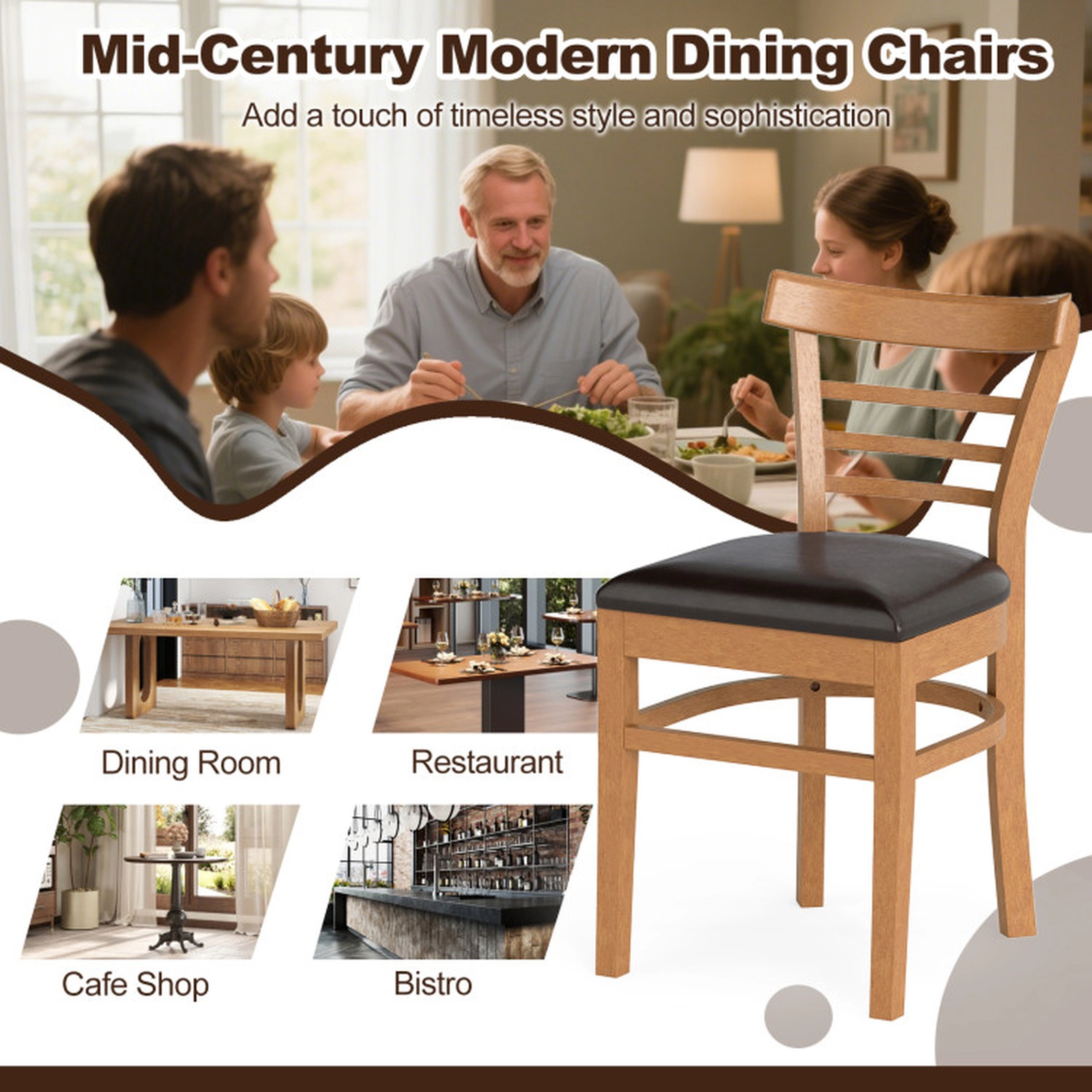 SUGIFT Set of 2 Wooden Dining Chairs with Rubber Wood Legs 400-lb Capacity 19-in Seat Height Brown and Black
