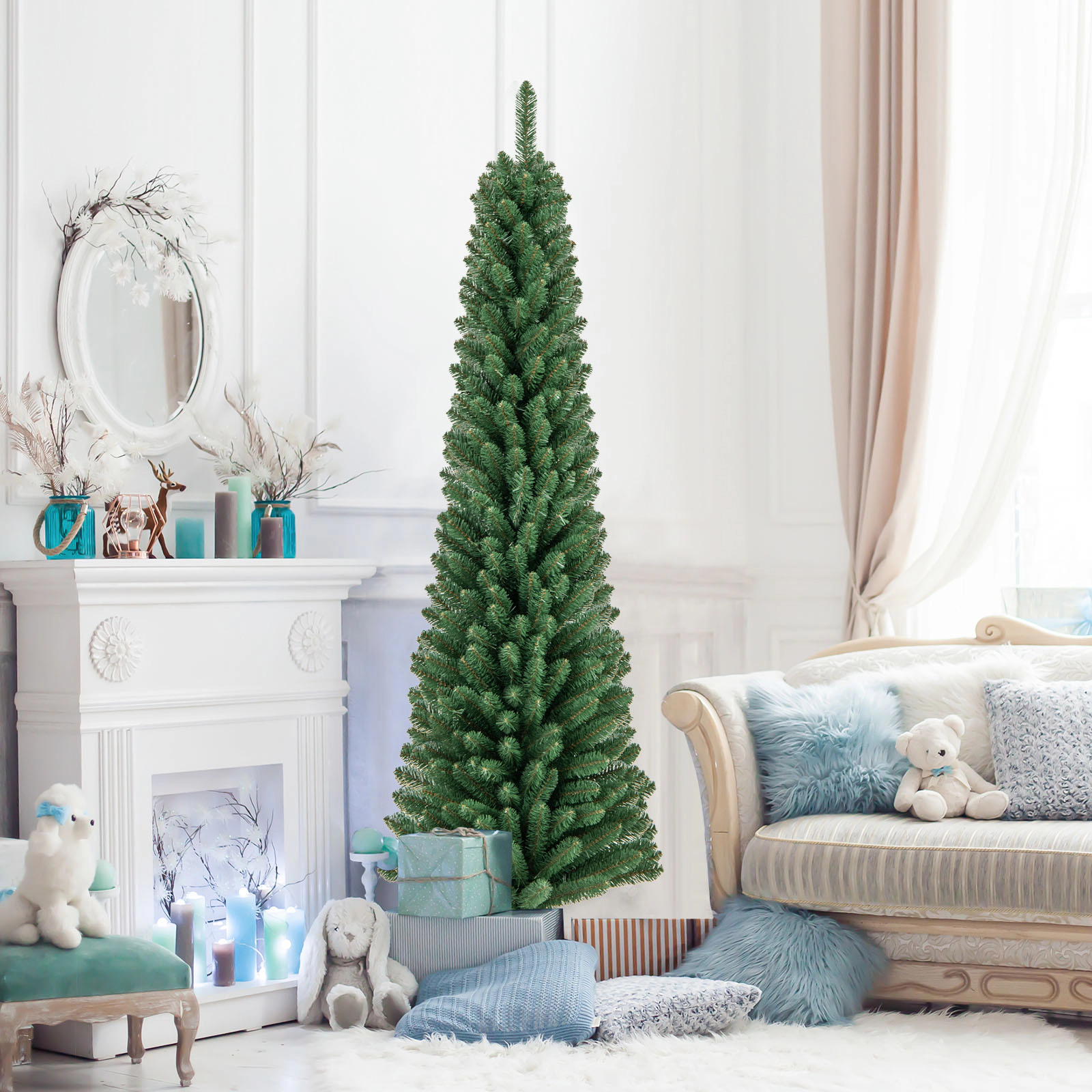 SUGIFT 6-ft Slim Pencil Artificial Christmas Tree, 392 Memory Wire Tips, Metal Stand