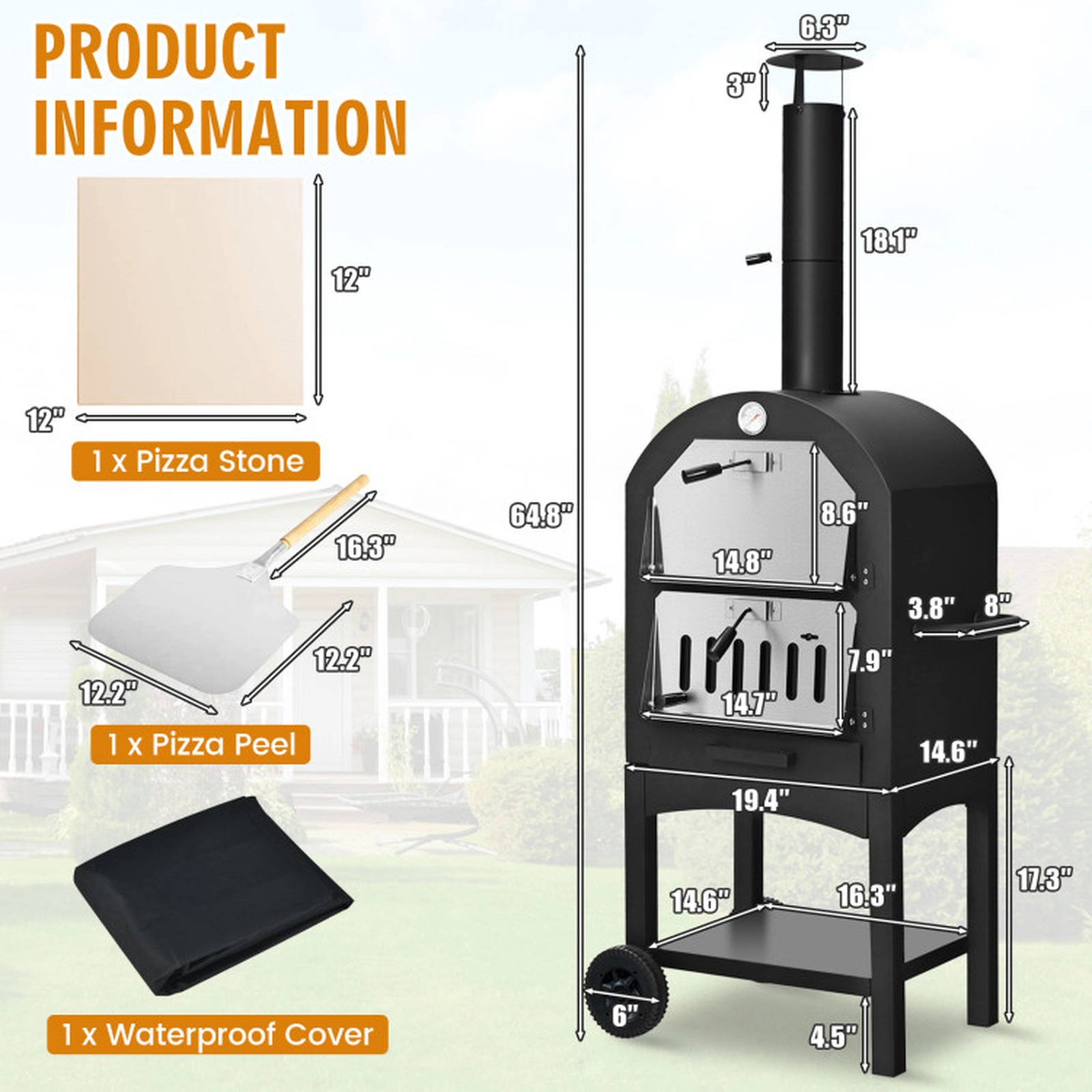 SUGIFT Black Portable Outdoor Pizza Oven with 12-in Stone and Waterproof Cover 23.2-in W 18.1-in D 63.8-in H