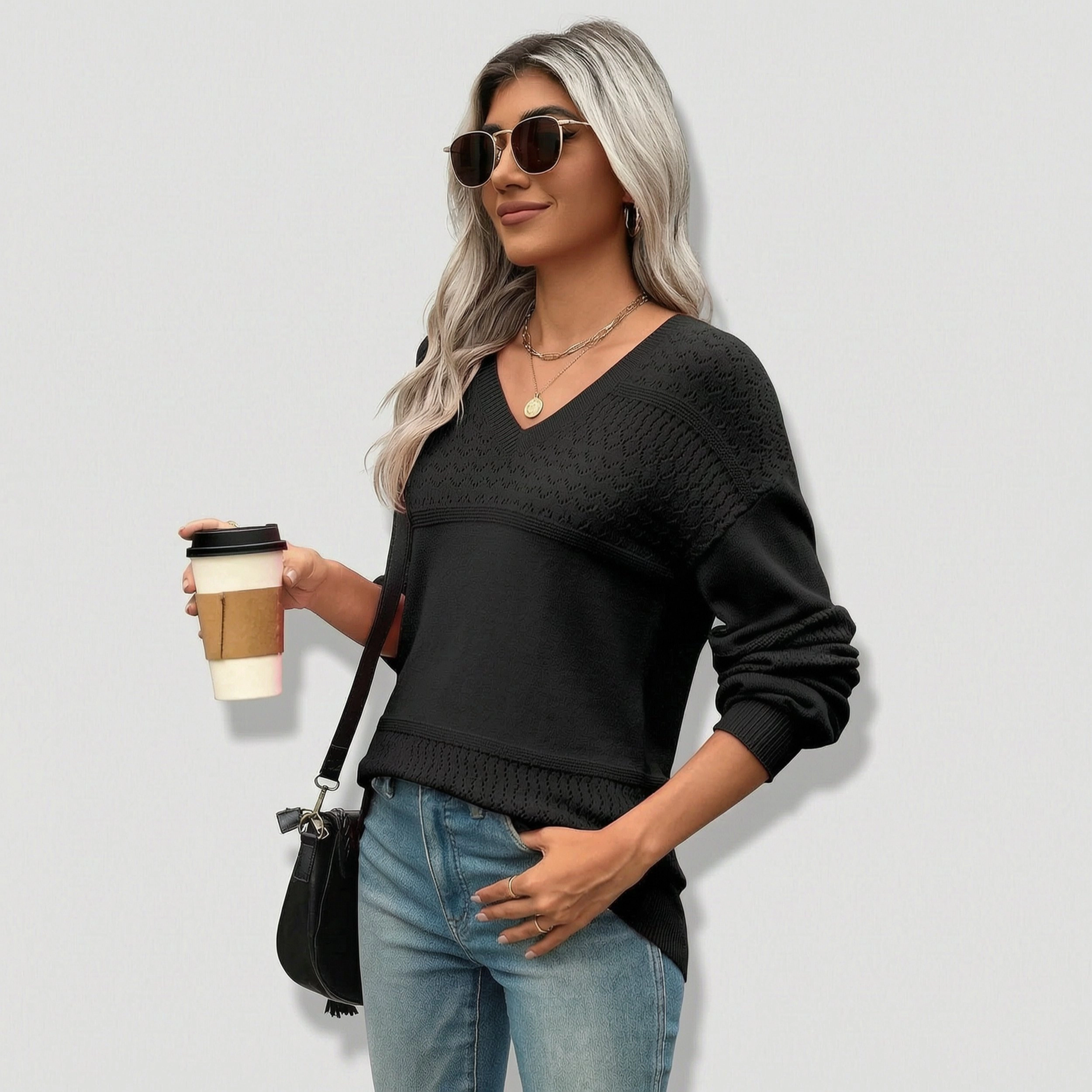 Zeagoo Women's Batwing Long Sleeve Ribbed Knit V-Neck Crochet Pullover
