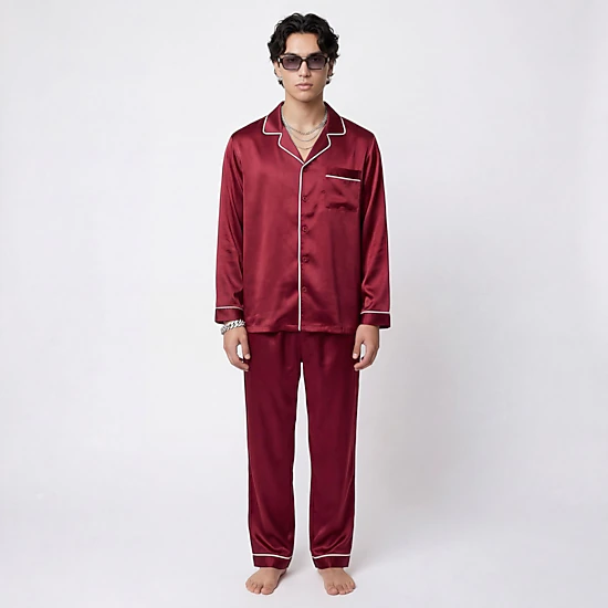 Anna-Kaci Men's 2-Piece Satin Pajamas with Contrast Piping and Button Up Top