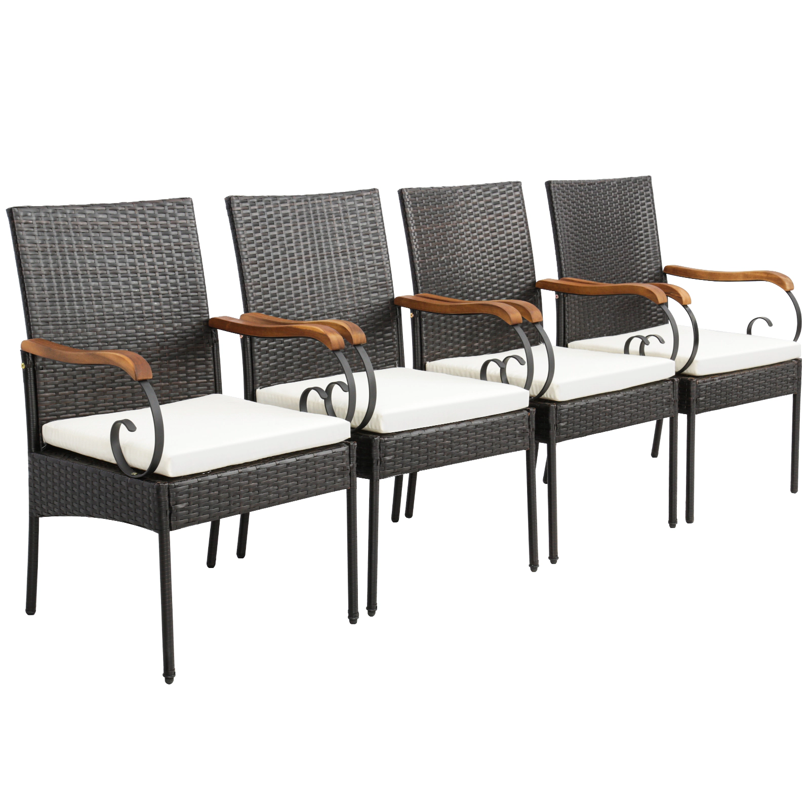 LJG Set of 2/4 Outdoor PE Wicker Chair with Acacia Wood Armrests