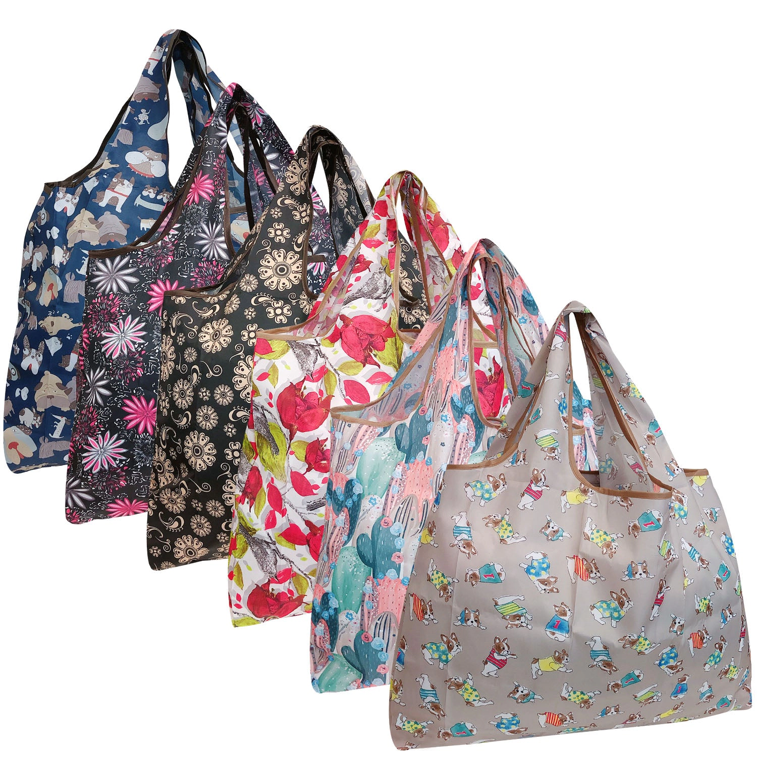 Wrapables Large Nylon Reusable Shopping Bags for Groceries, 6 Pack