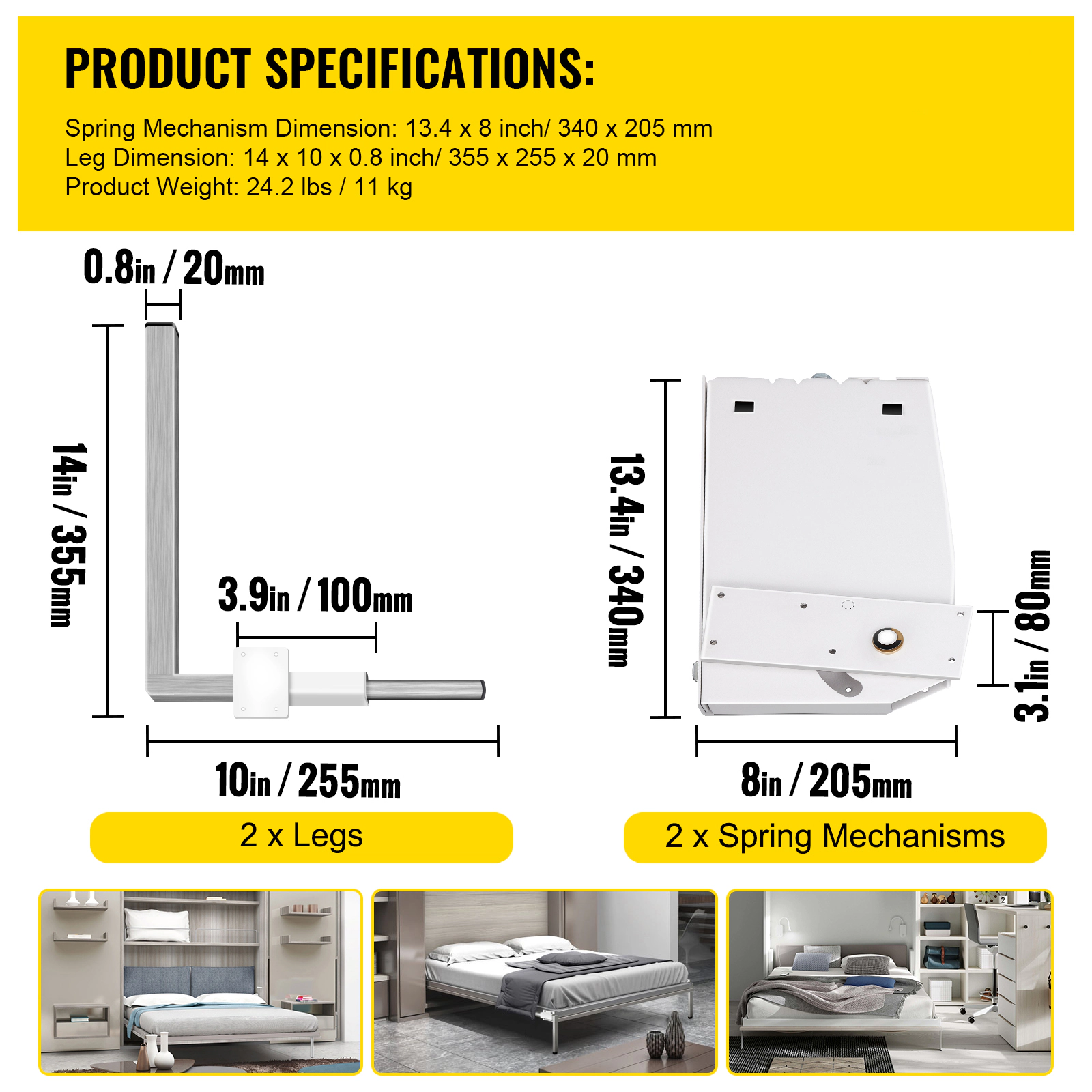 HONGGE Murphy Mounting Wall Springs Mechanism Heavy Duty Support Hardware DIY Kit for Queen Bed White