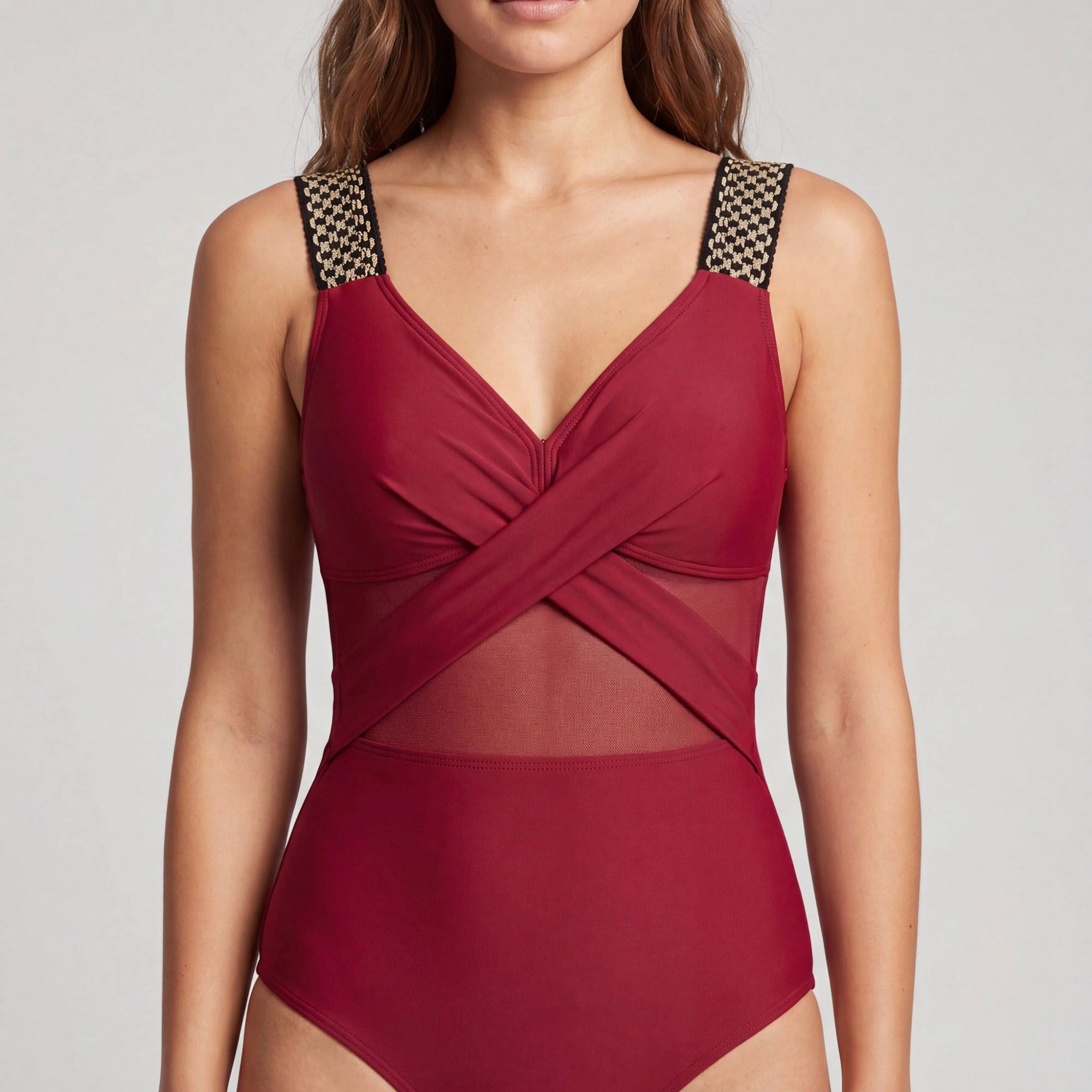 Anna-Kaci Women's One-Piece Swimsuit with Mesh Midsection Crisscross Front and Braided Detail Straps