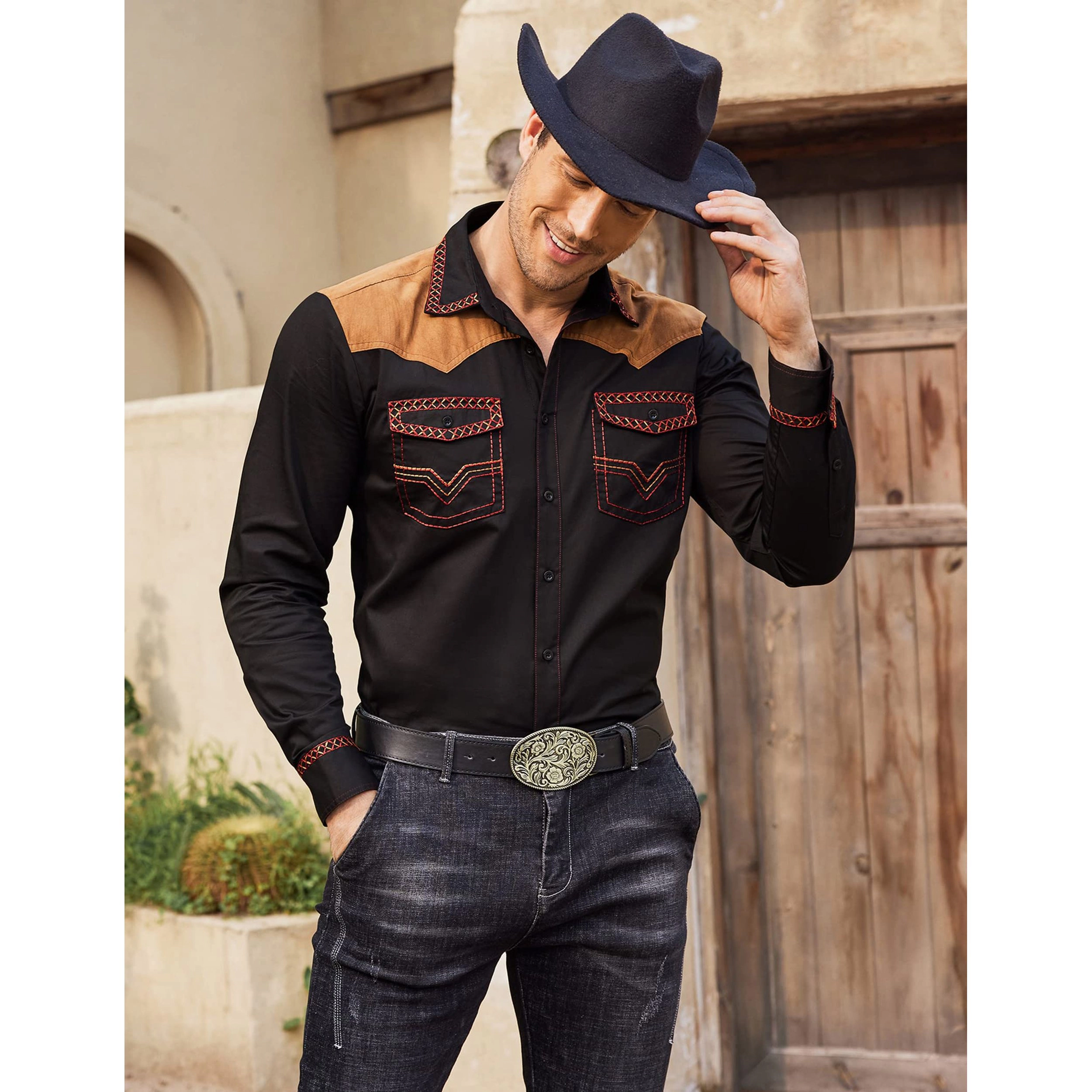 COOFANDY Men's Slim Fit Long Sleeve Western Shirt