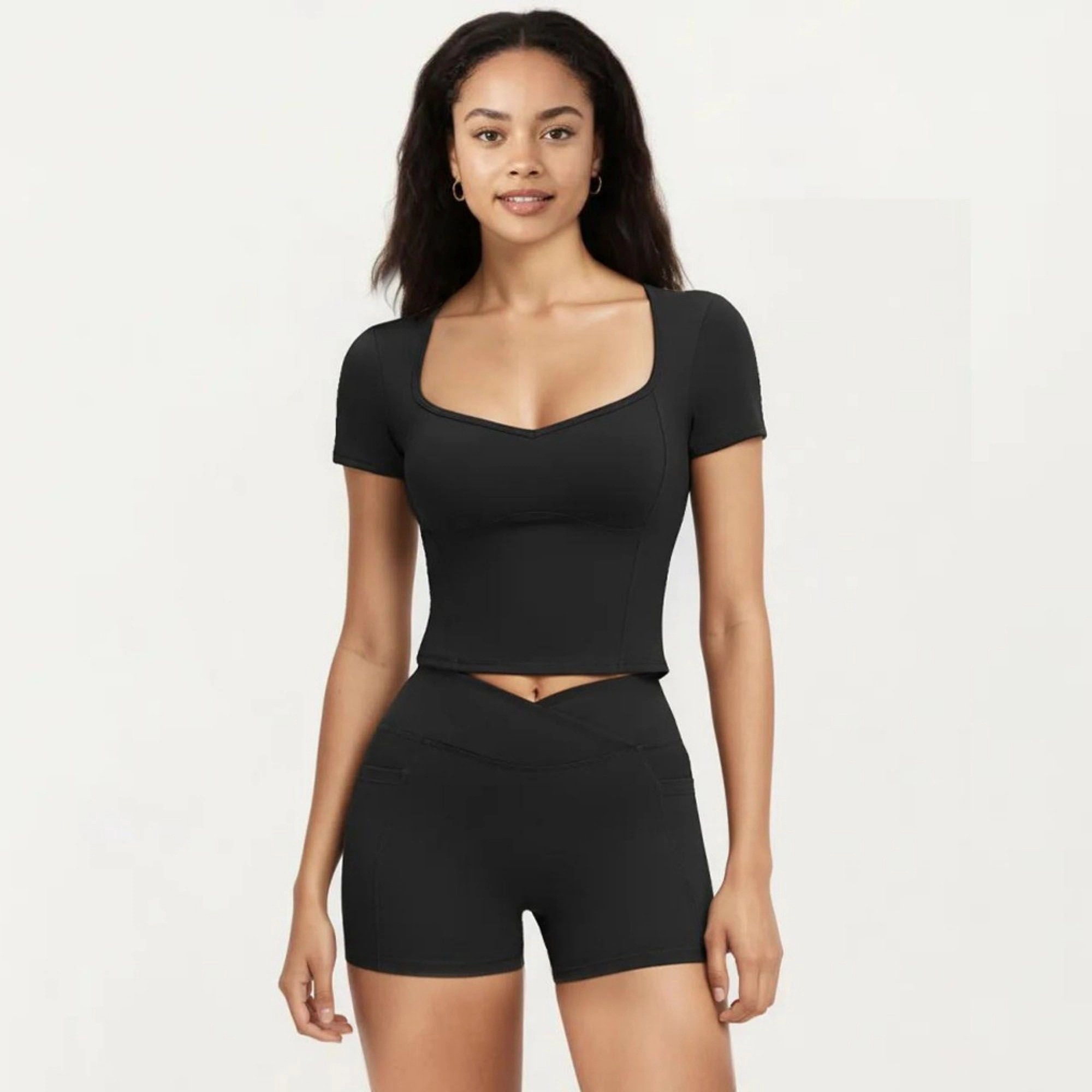 Anna-Kaci Women's Ribbed Square Neck Fitted Crop Workout Top Stretch Athletic Training Shirt for Yoga Fitness
