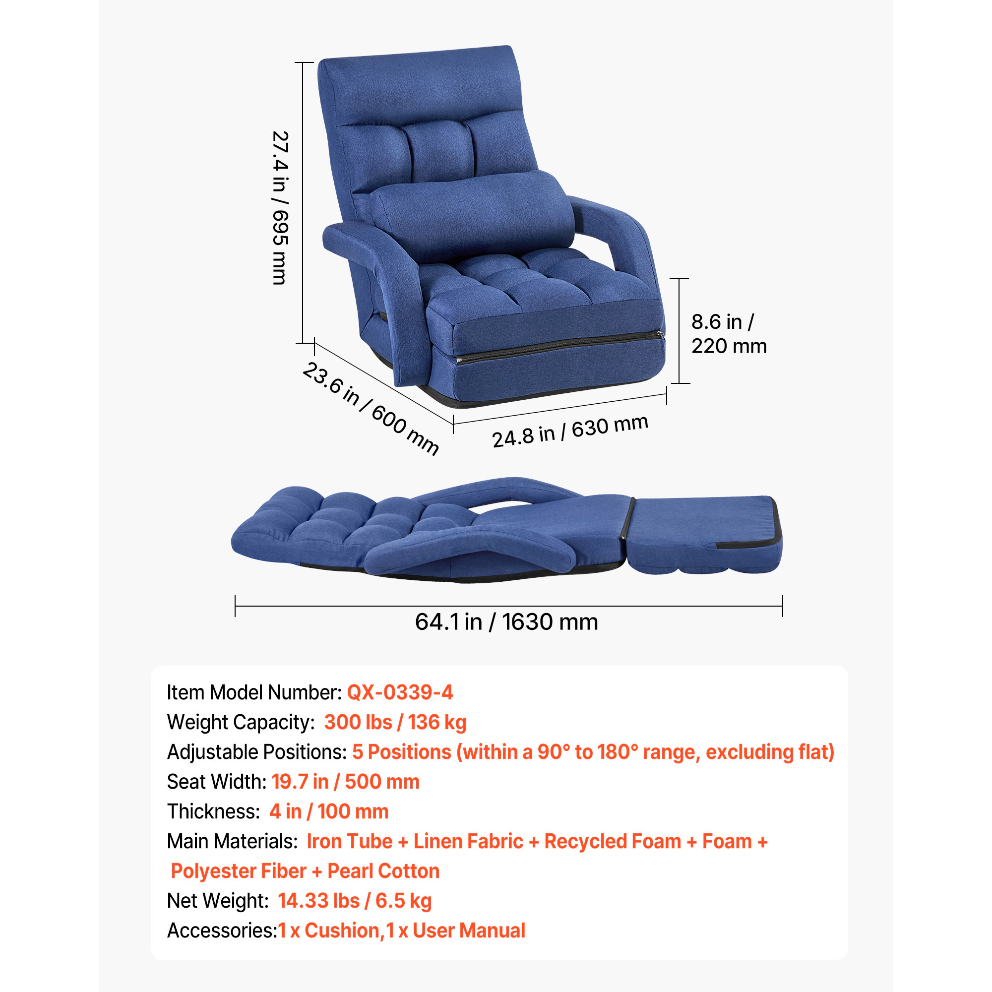 HONGGE Floor Chair 5 Adjustable Positions Folding Floor Gaming Chair with Ergonomic Back Support Sturdy Metal Frame