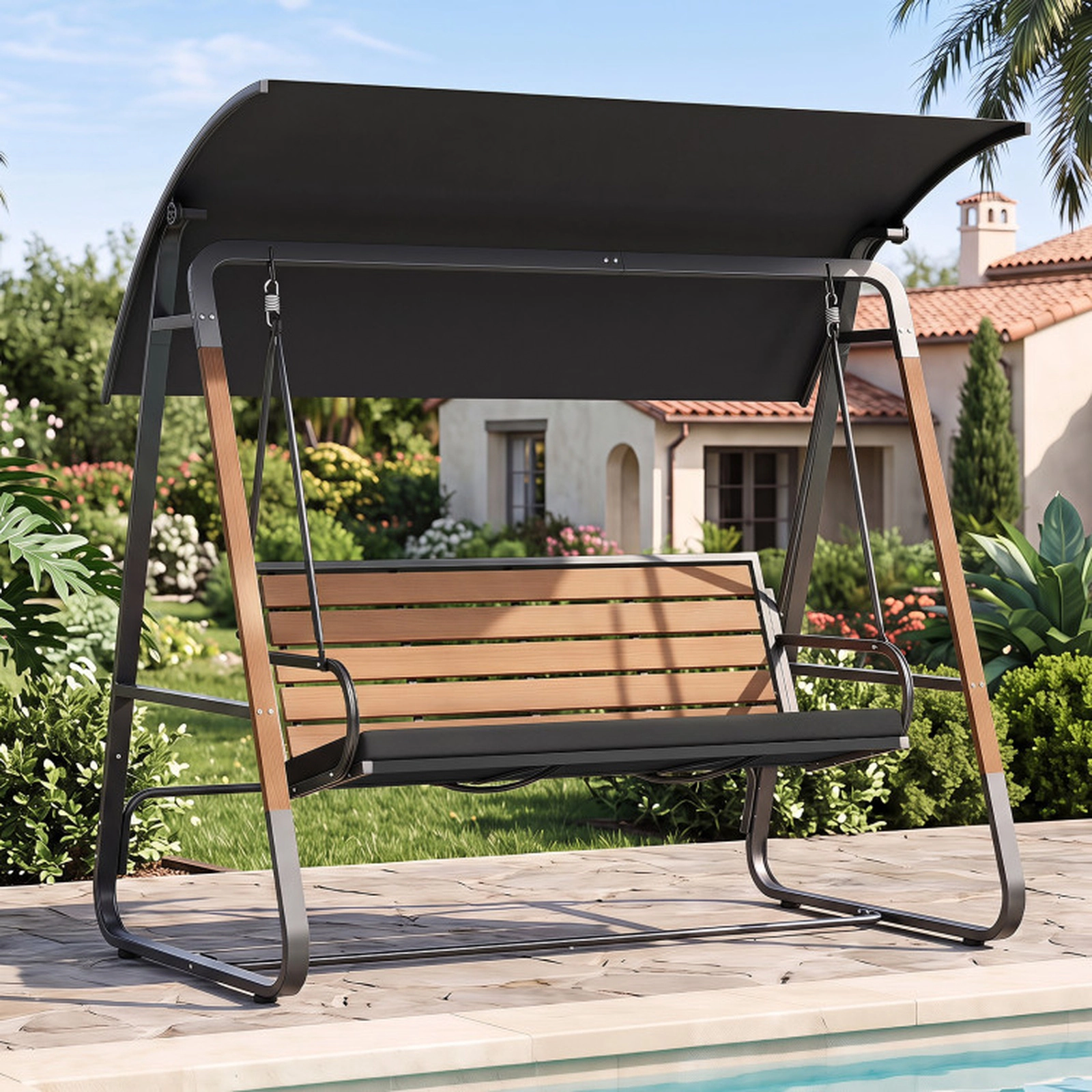 SUGIFT Black Adjustable Canopy and Slatted Seat 3-Person Porch Swing