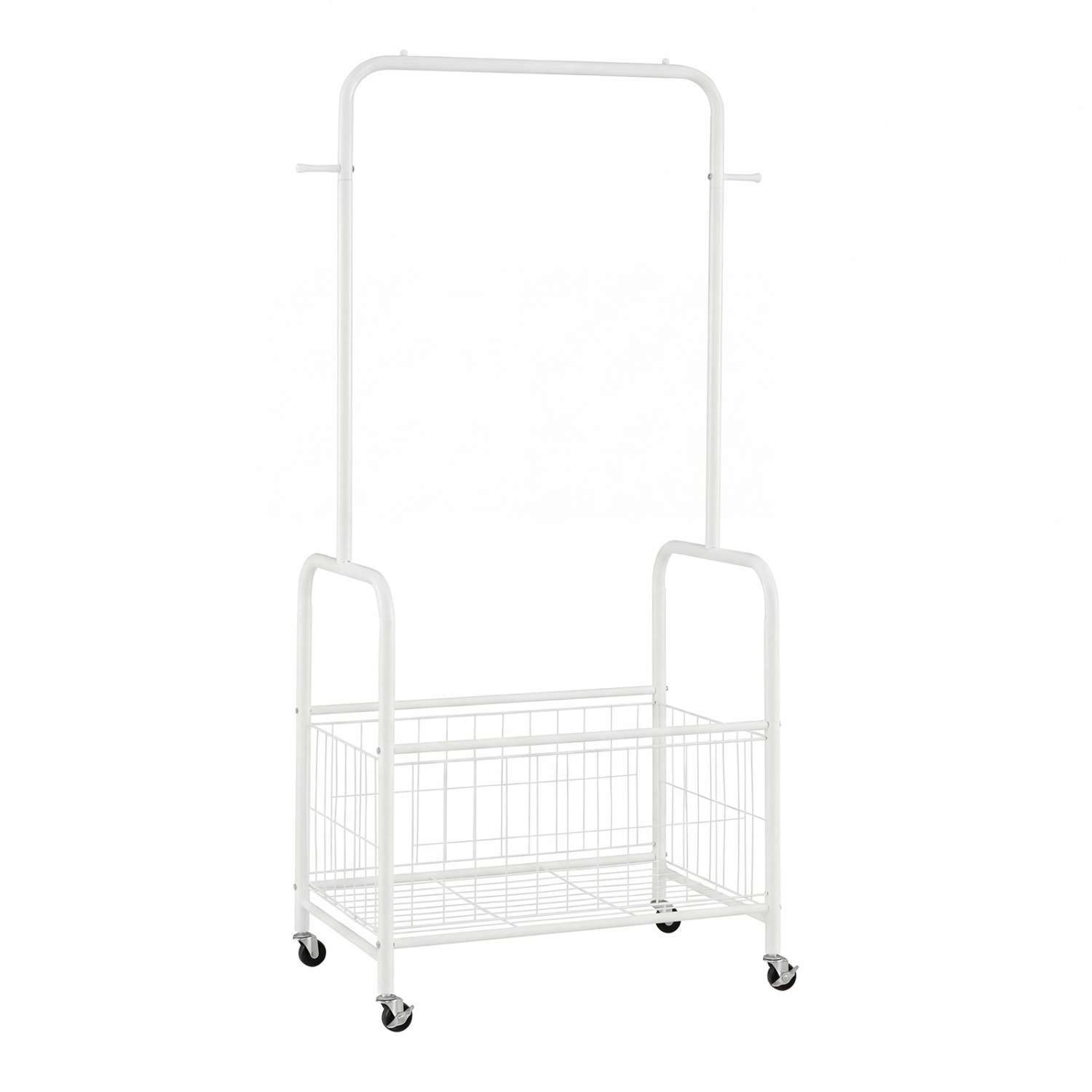 SUGIFT Rolling Metal Clothes Rack with Hanging Rod, Side Hooks and Storage Basket 110-lb Capacity White