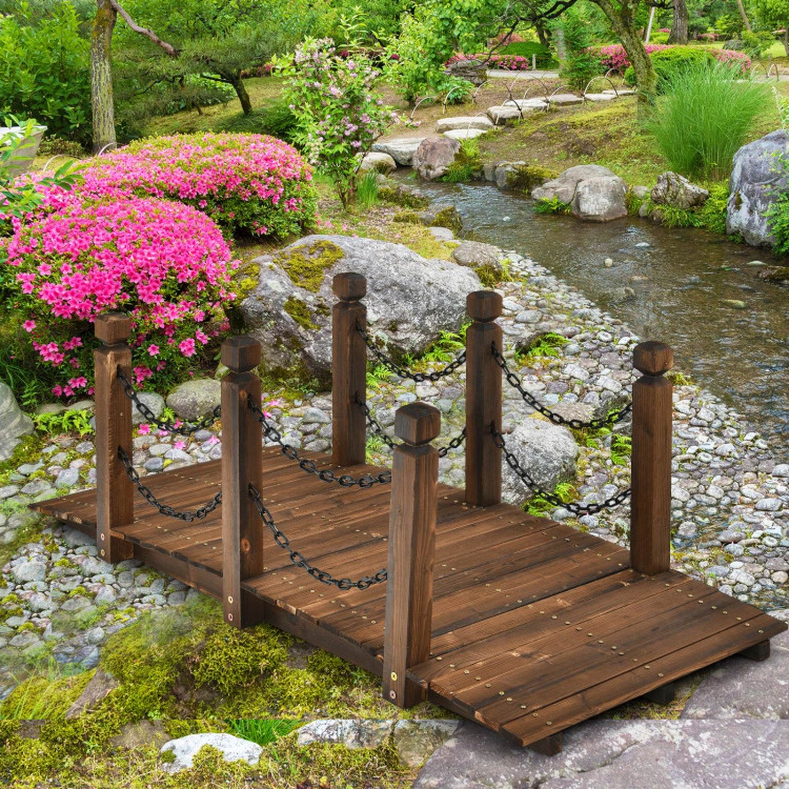 SUGIFT 5-Ft Brown Stained Fir Wood Arc Garden Bridge with Safety Rails 60-in W 26.5-in D 22-in H