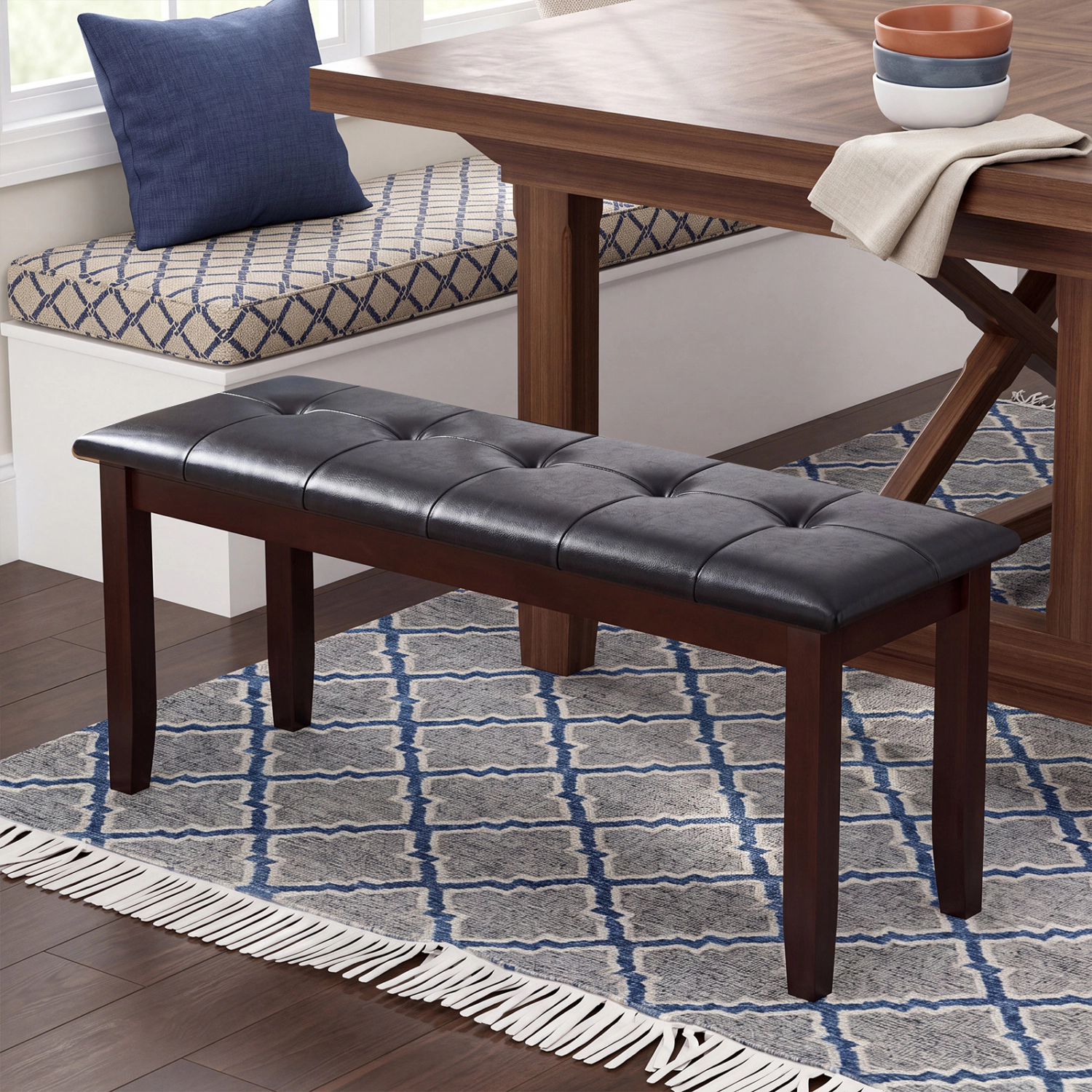 LJG Upholstered Dining Room PU Bench Solid Wood Button Tufted