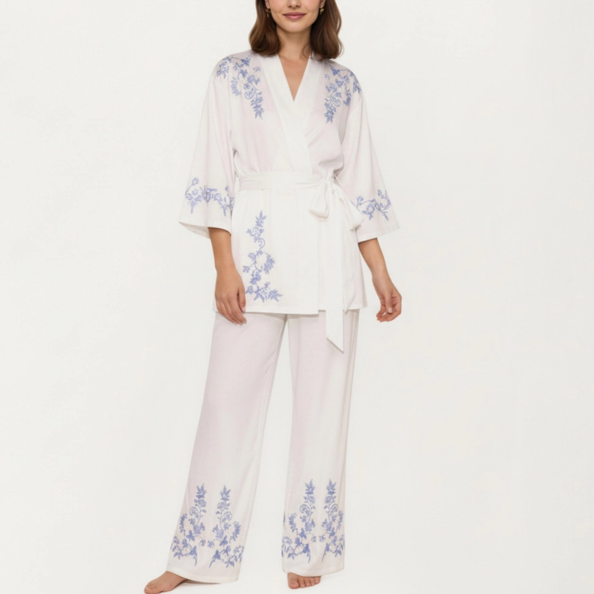 Anna-Kaci Women's 3-Piece Pajama Set with Wrap Tie Robe Long Sleeve Top and Wide Leg Pants Lightweight Relaxed Sleepwear