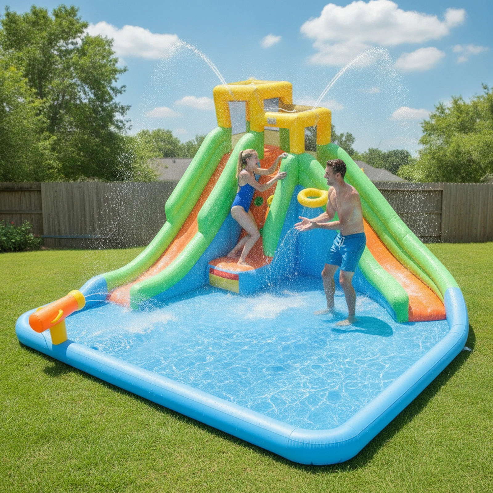Inflatable Water Slide for Kids Backyard with Double Slides Splash Pool Water Cannon Climbing Wall