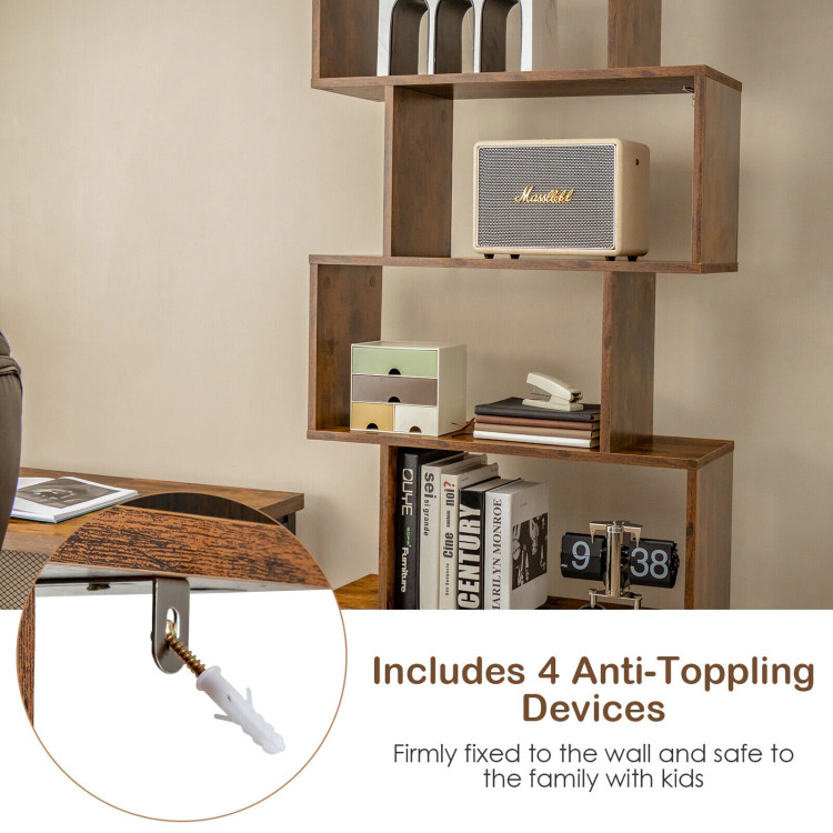 Hivvago 6-Tier S-Shaped Freestanding Bookshelf with Cabinet and Doors