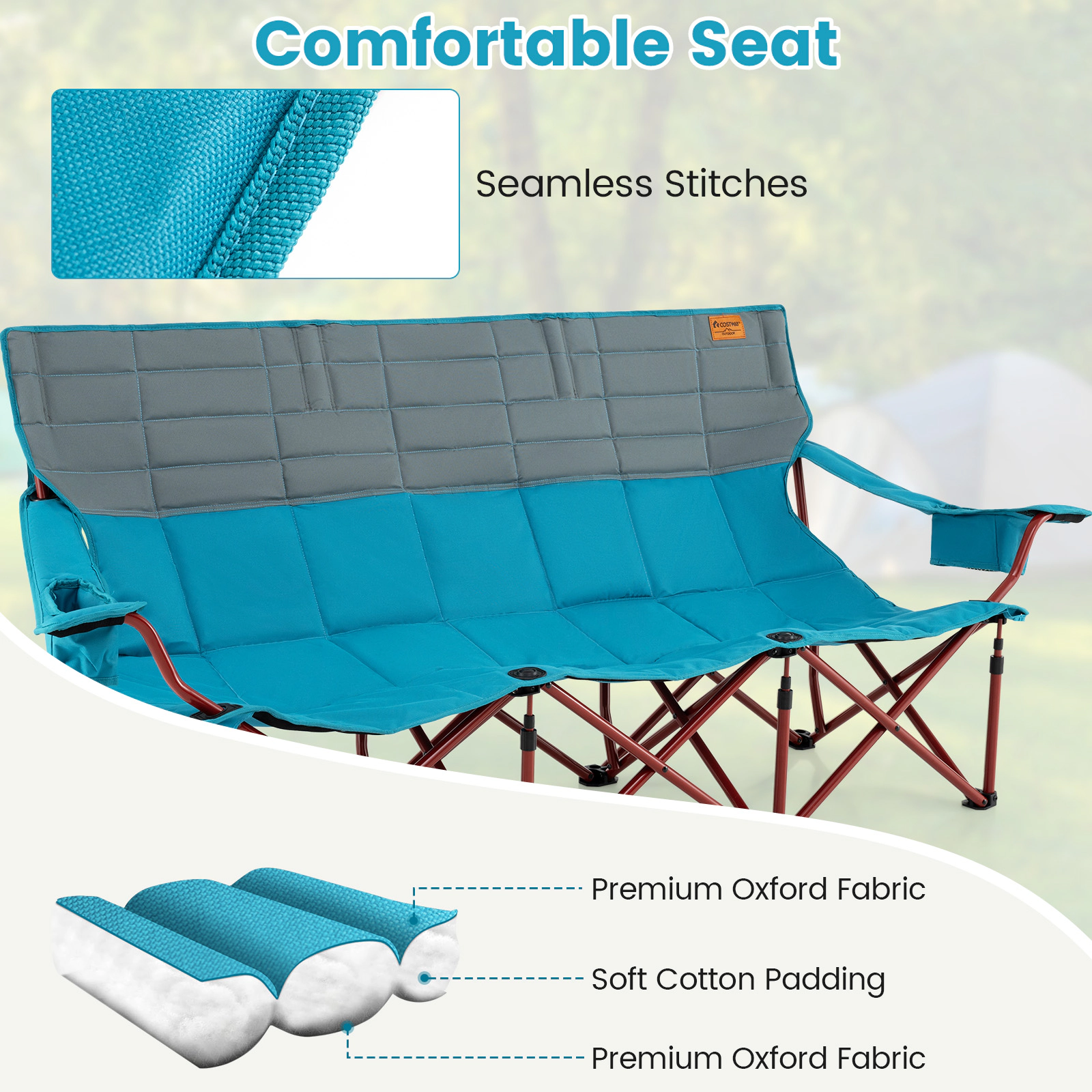SUGIFT 3-Person Folding Camping Chair 900-lb Capacity with 2 Cup Holders and Storage Bag Blue