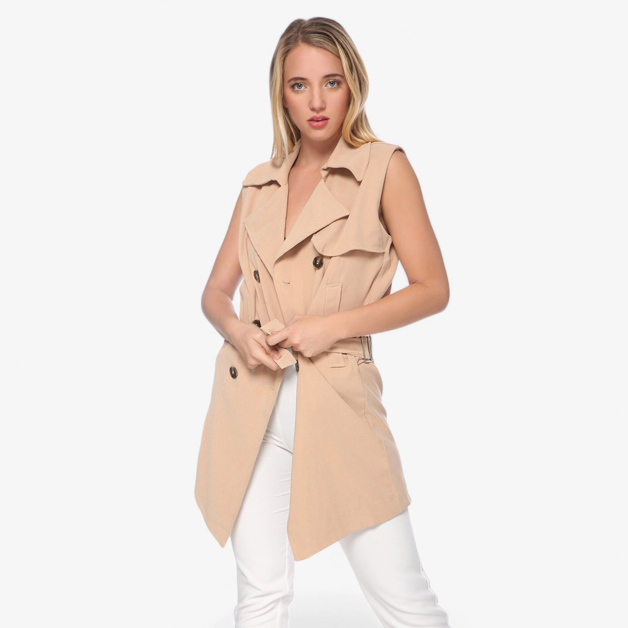 Anna-Kaci Women's Sleeveless Trench Coat with Button Front and Pocket Detail