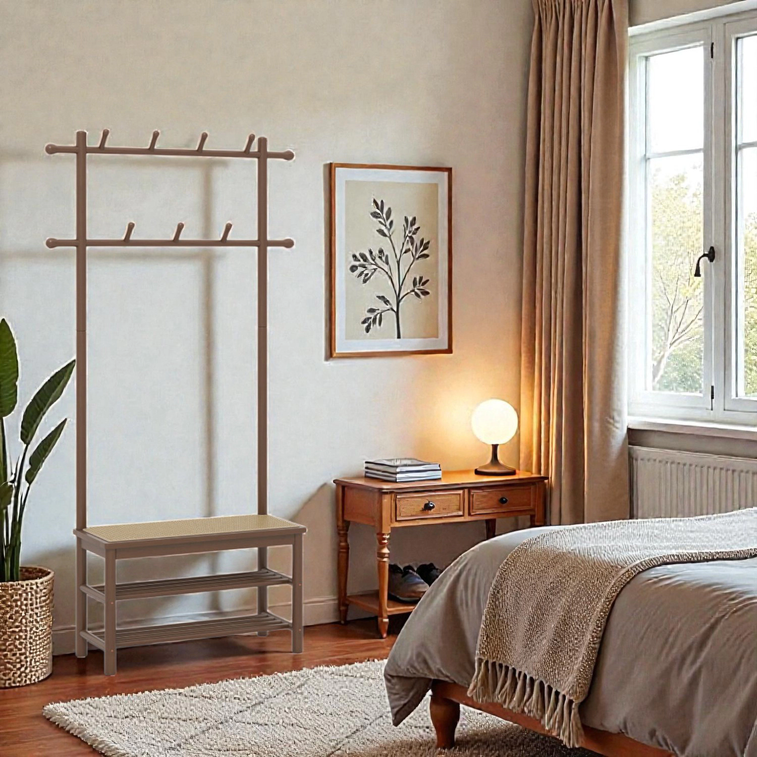 Hivvago Bamboo Hallway Organizer with Rattan-Style Bench, Coat Hooks & Shoe Shelves