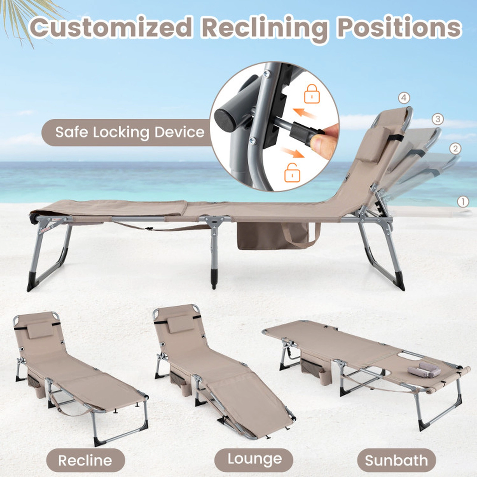 SUGIFT 4-Level Backrest Aluminum Frame 330-lb Set of 2 Portable Tanning Chaise Lounge Chairs