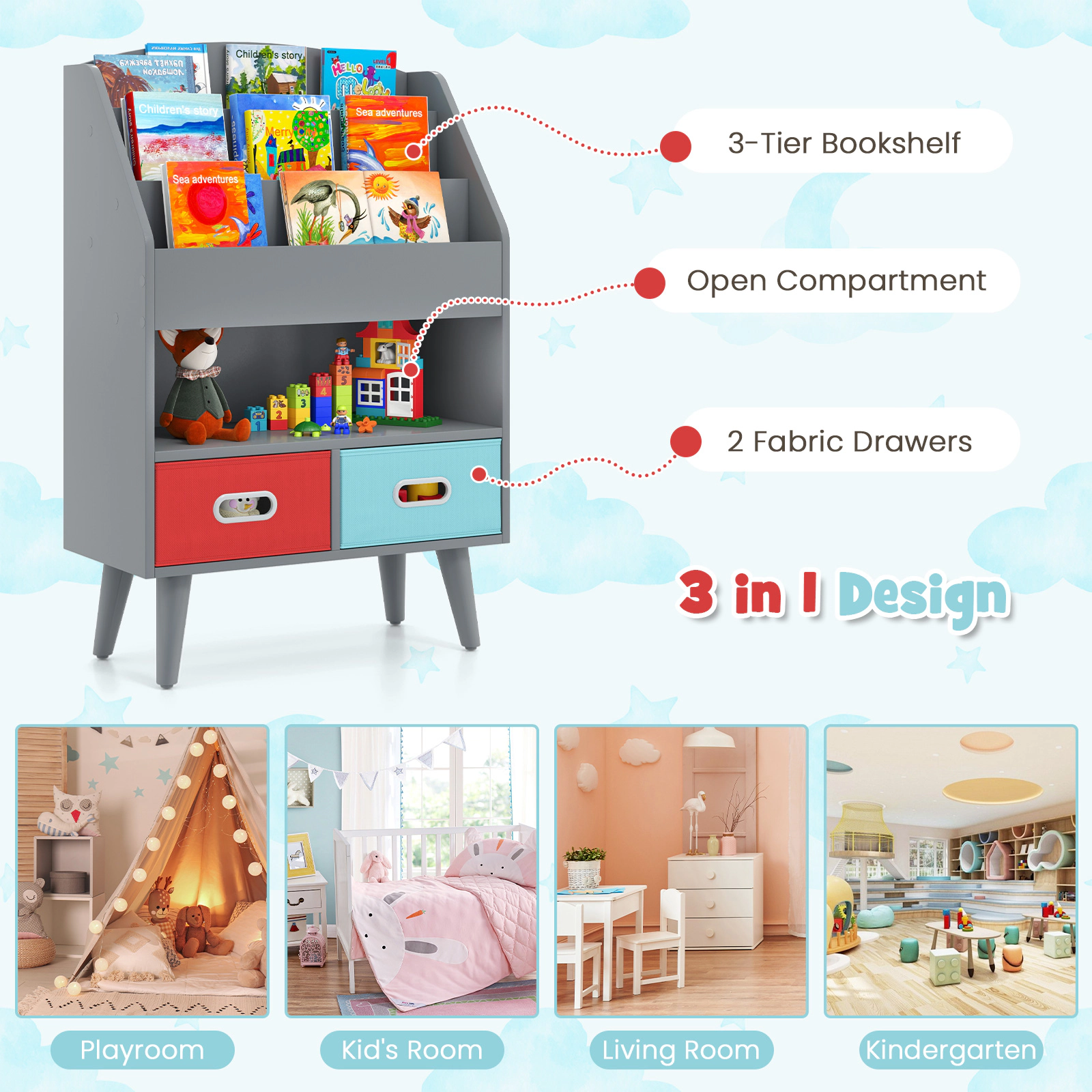 Hivvago Kids Bookshelf with Open Compartment for Toddlers 3+ Years Old
