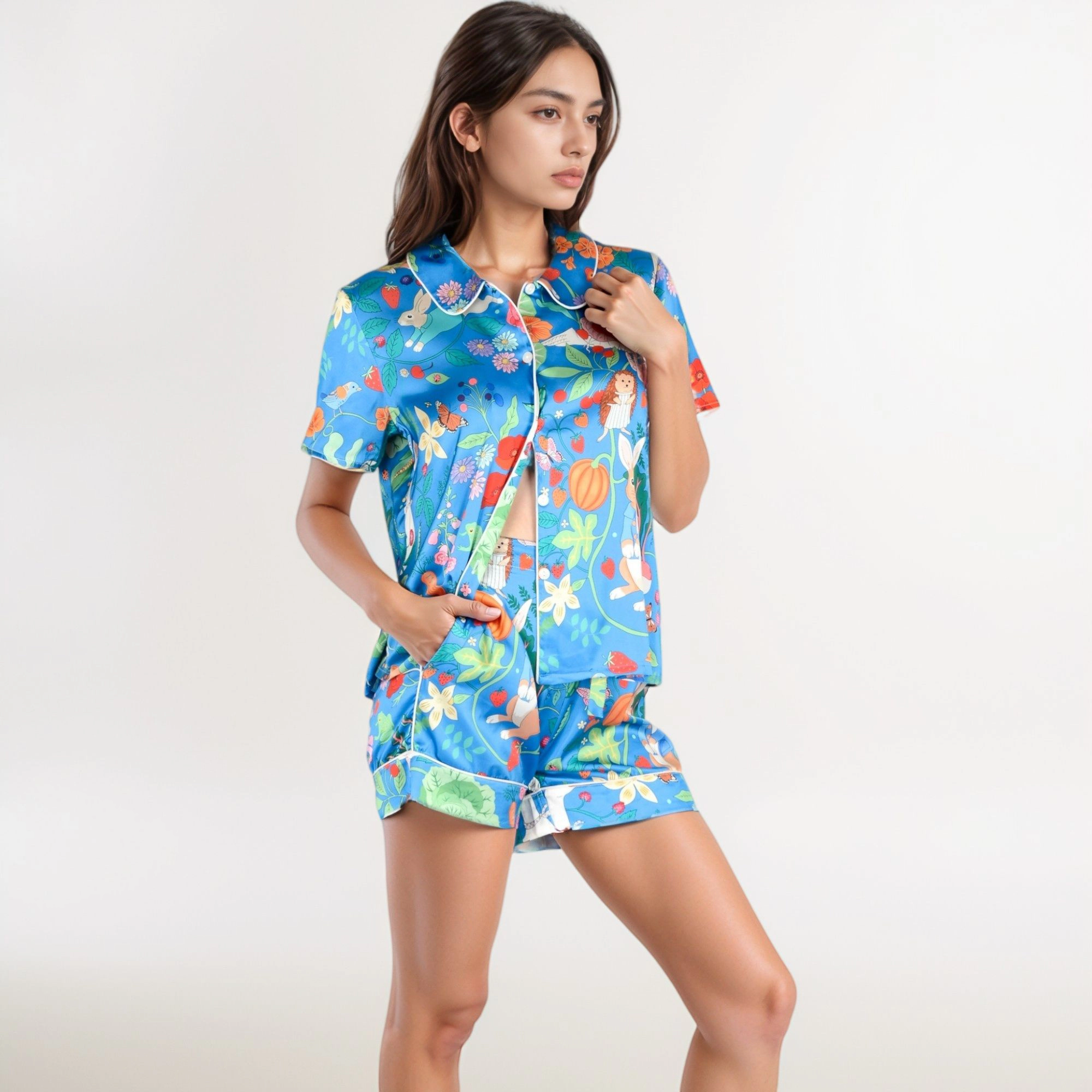 Anna-Kaci Women's Whimsical Garden Animal Print Pajama Set with Short Sleeve Button Up Top and Matching Shorts