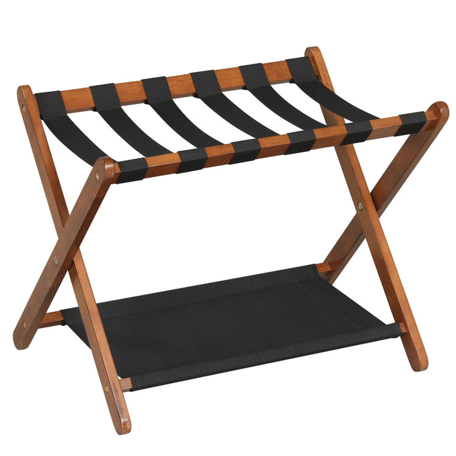 SUGIFT Brown 6 Nylon Straps and Bottom Shelf Solid Rubberwood Folding Luggage Rack