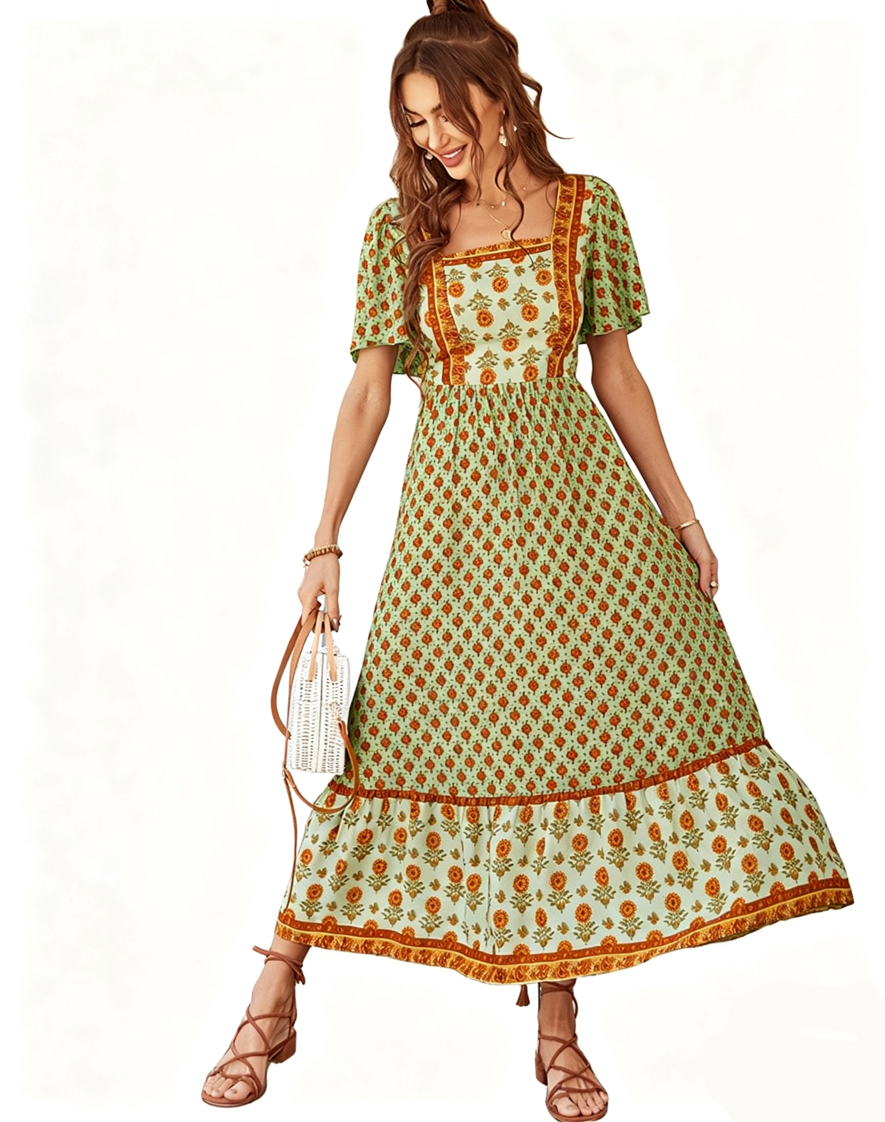 KOJOOIN Women's Boho Floral Maxi Dress Square Neck Puff Short Sleeve Ruffle Flowy Summer Beach