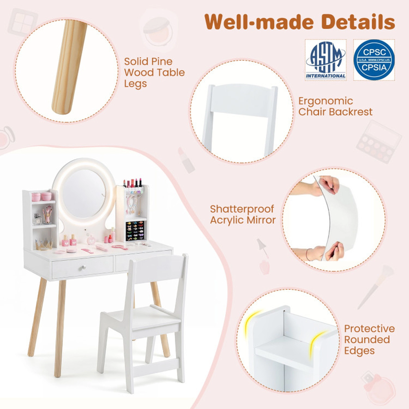 SUGIFT Lighted Kids Vanity Set Mirror, Storage Drawers & Chair 110-lb Tabletop Capacity 155-lb Chair Capacity Ages 3+