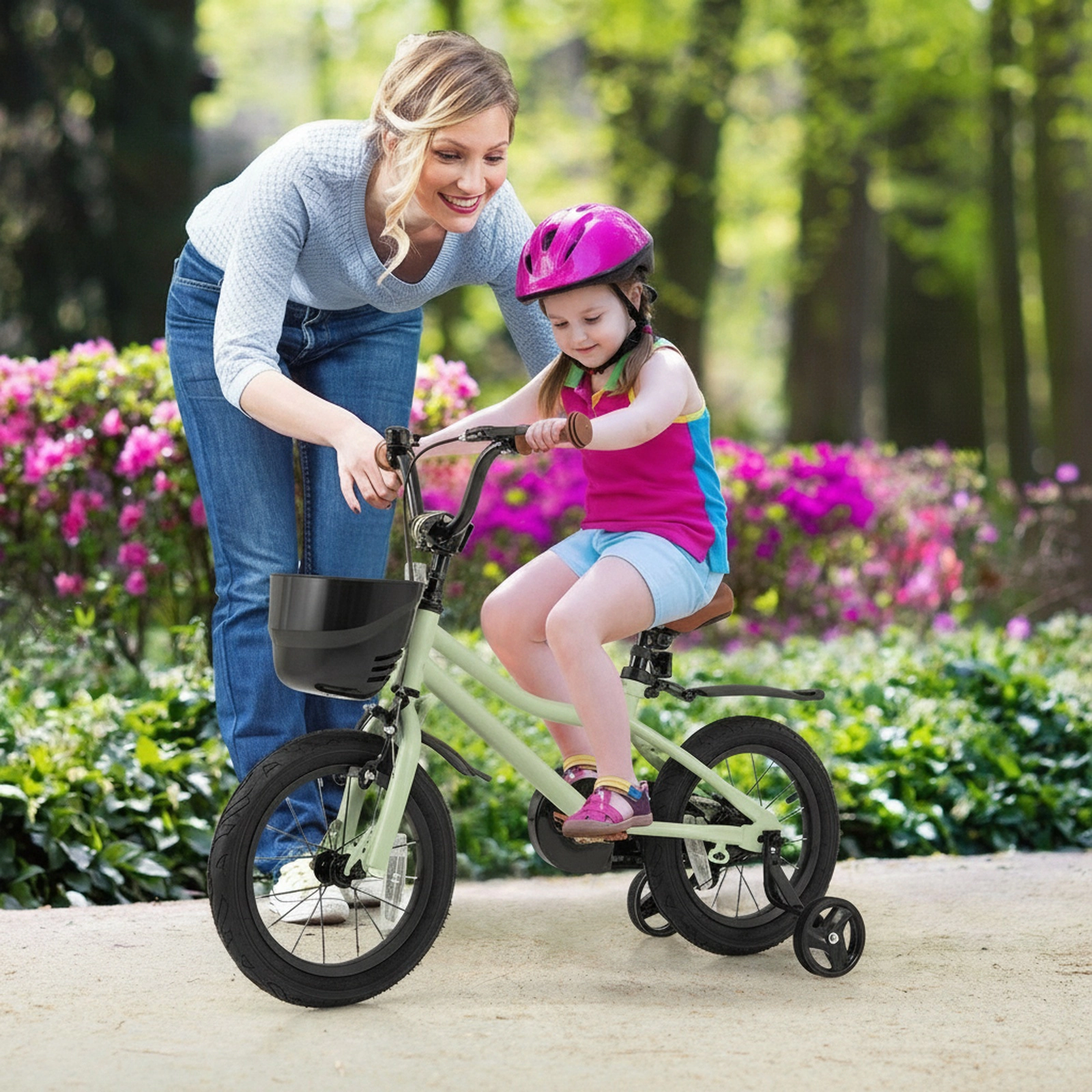 14-in Kids Bike Removable Training Wheels Quick-Release Seat Dual Brakes and Assembly Tool Included Ages 3-5 Green