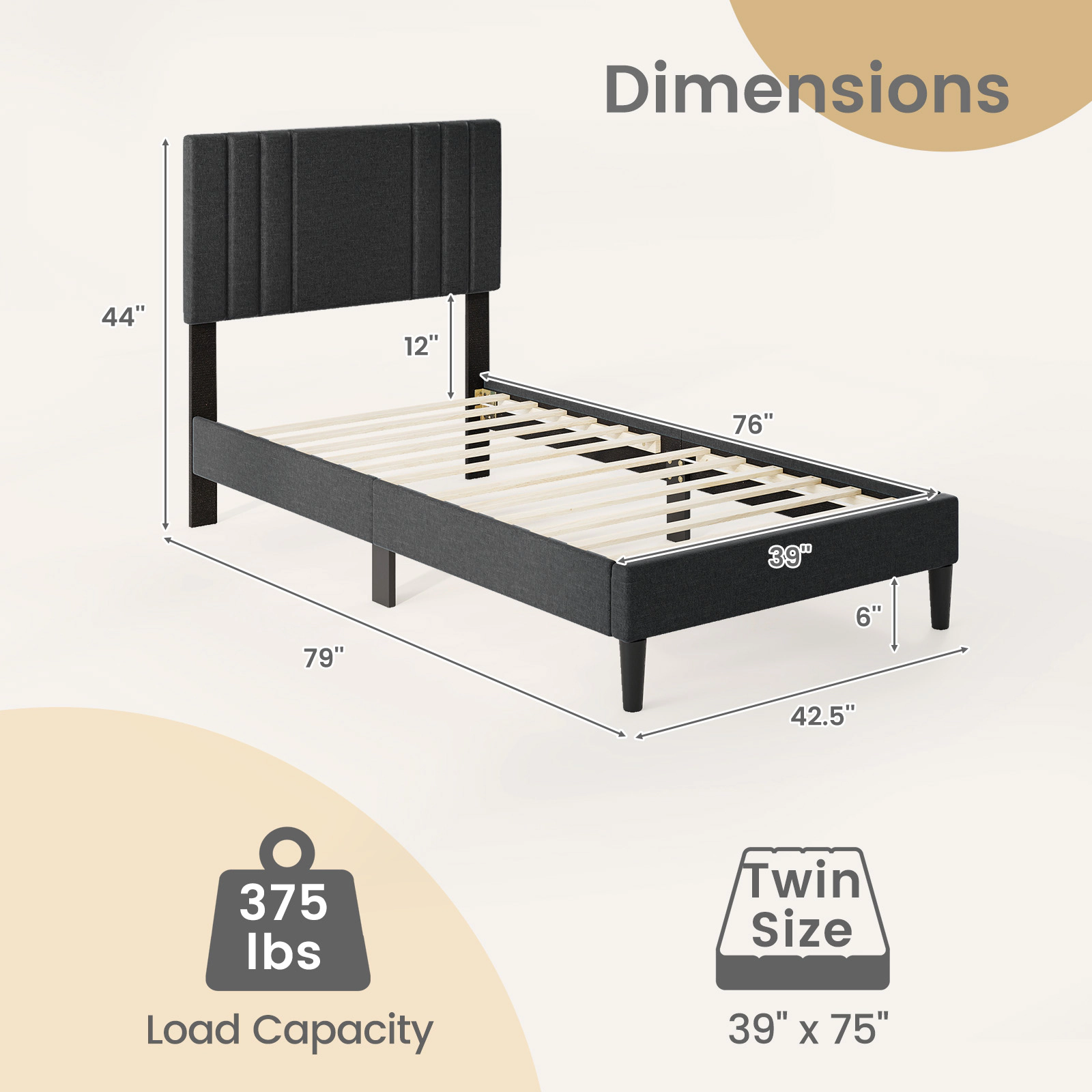 SUGIFT Twin Upholstered Platform Bed with Gray Vertical Channel-Tufted Headboard