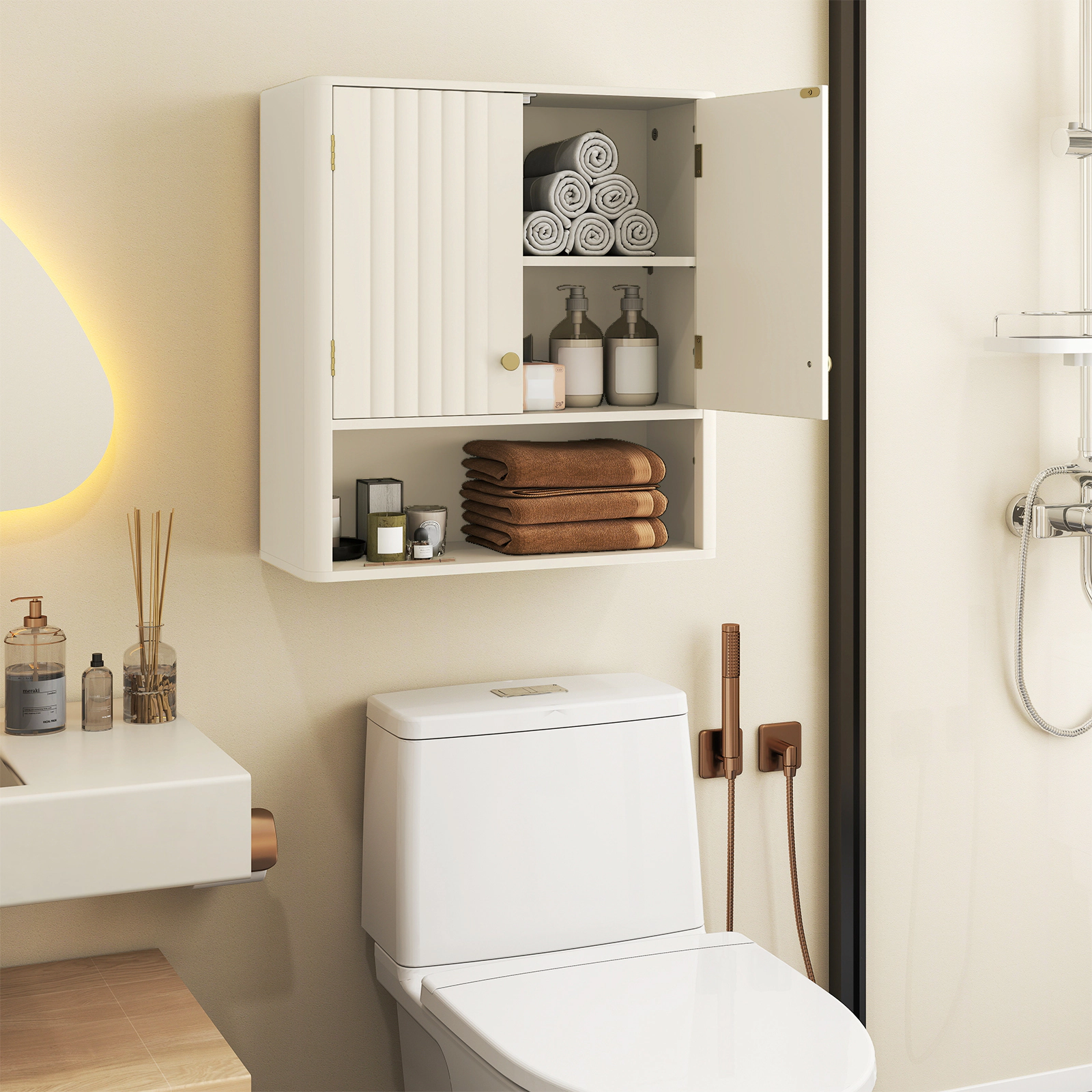 SUGIFT Beige 33-lb Top Capacity Fluted Wall Mounted Bathroom Storage Cabinet with Gold Knobs and Open Shelf