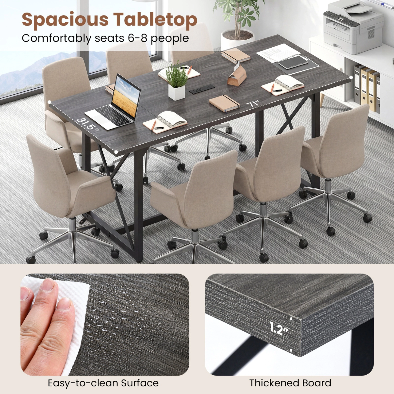 SUGIFT 6 ft Conference Table Gray with Power Outlets for 6-8 People Office Meeting Table