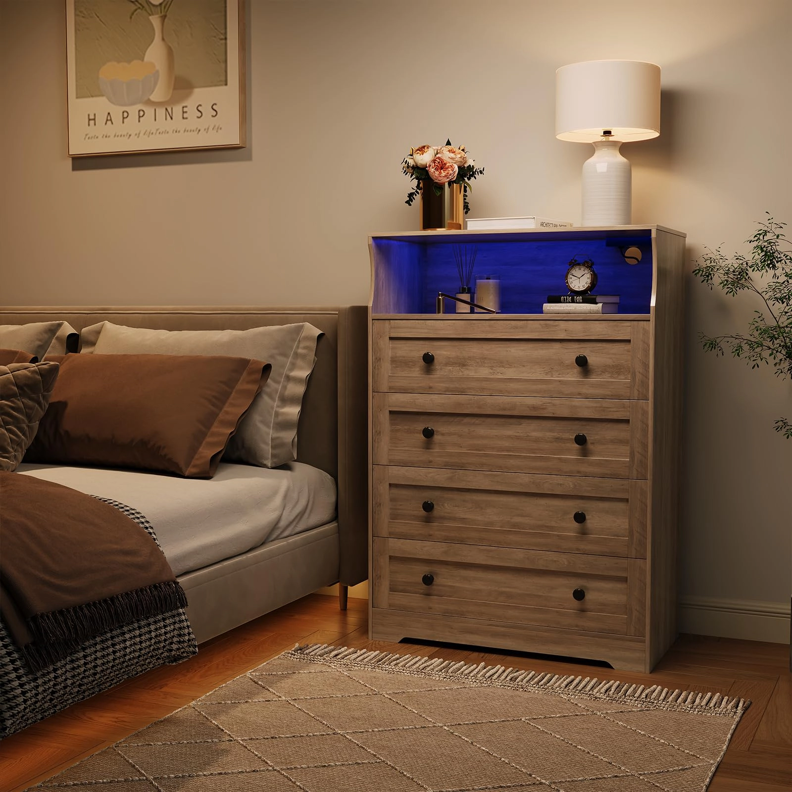 45.2" Tall 4 Drawer Dresser with LED Shelf & Charging Station, Wood Storage Chest