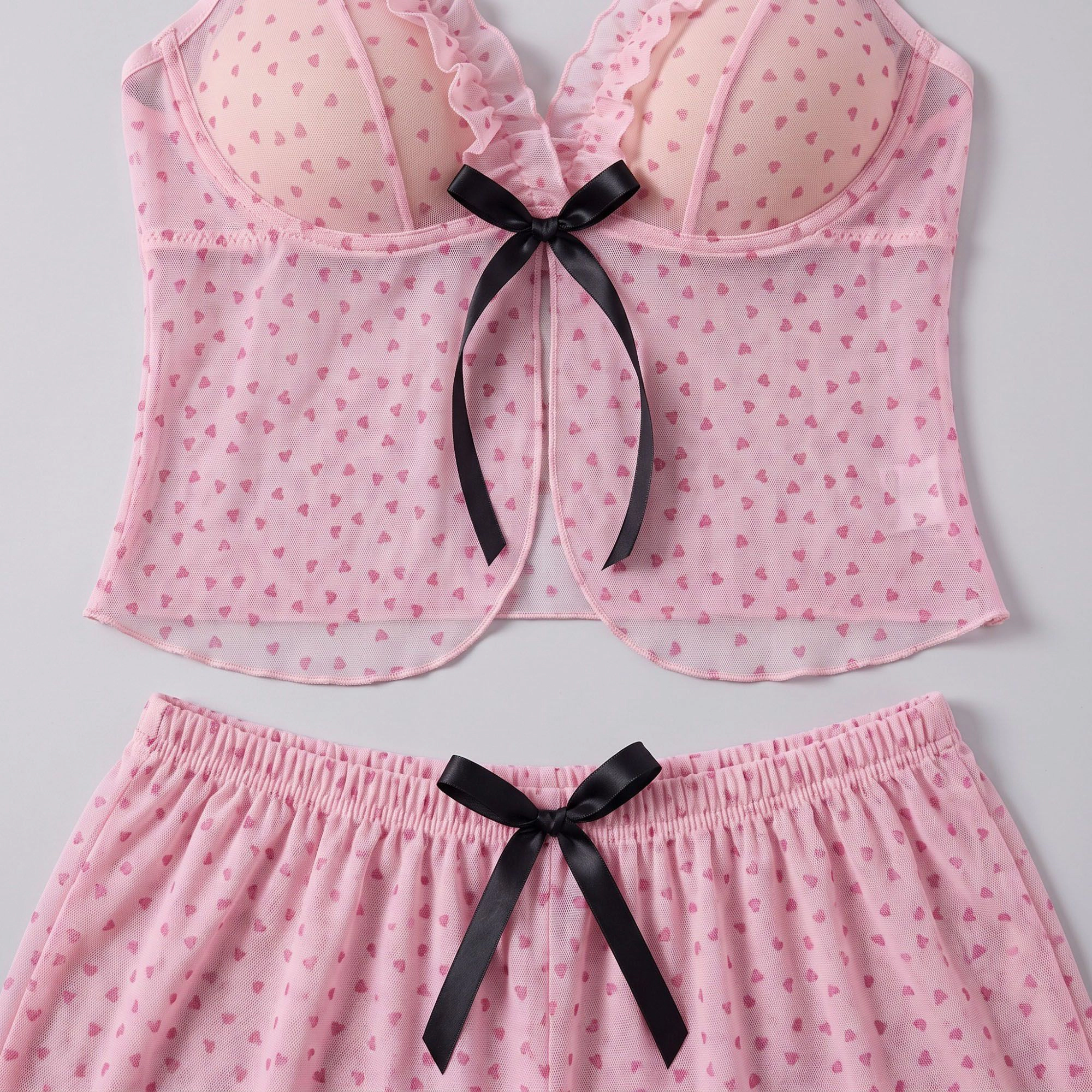 Anna-Kaci Women's Heart Print Mesh Ruffle Cami and Shorts Lingerie Set