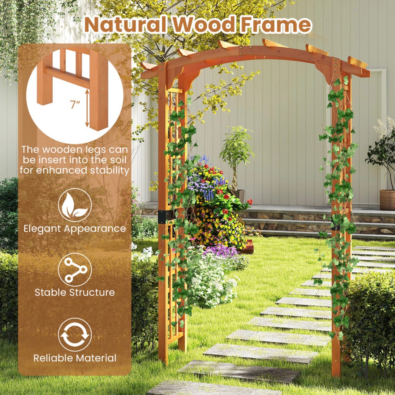 SUGIFT 7.5-Ft Orange Wooden Garden Arch Arbor with Lattice Trellises and Hanging Roof 63-in W 24-in D 90-in H