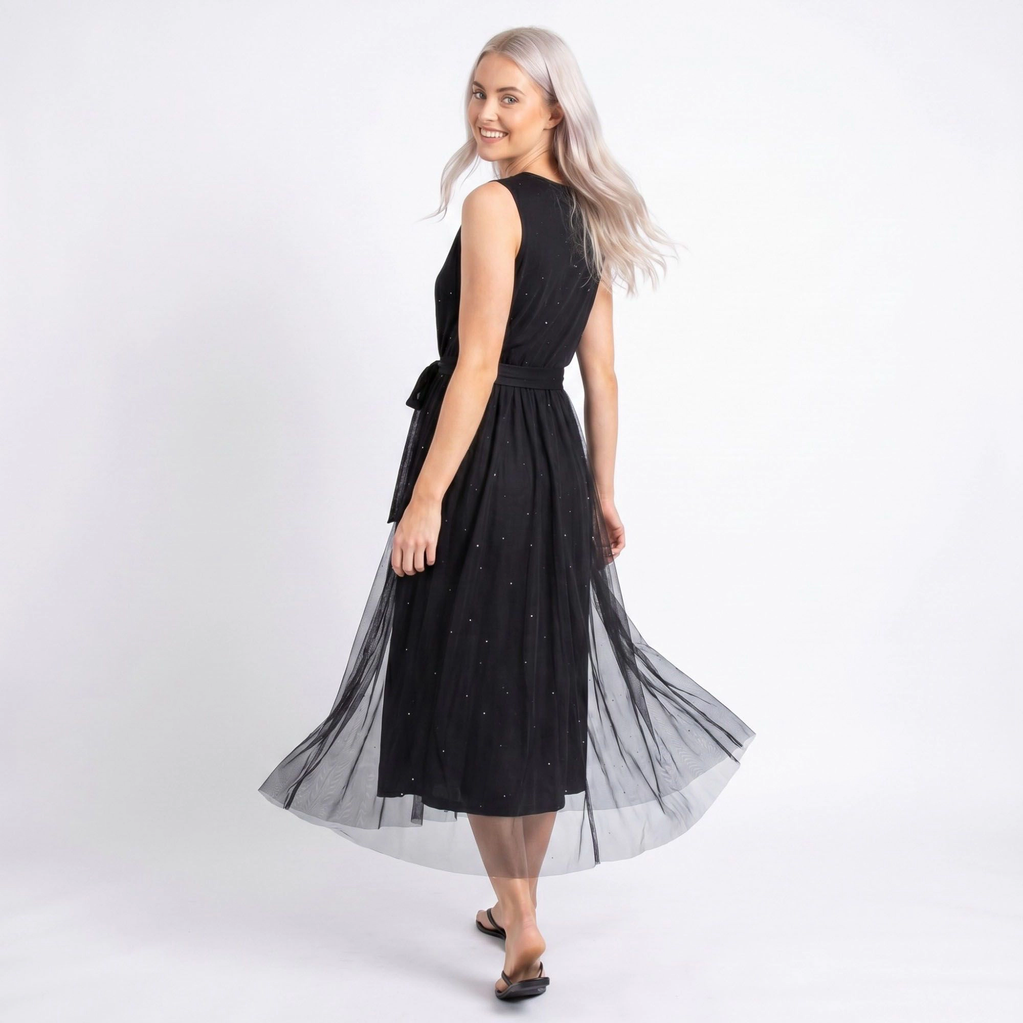 Anna-Kaci Women's Mesh Overlay Sleeveless Belted Midi Dress