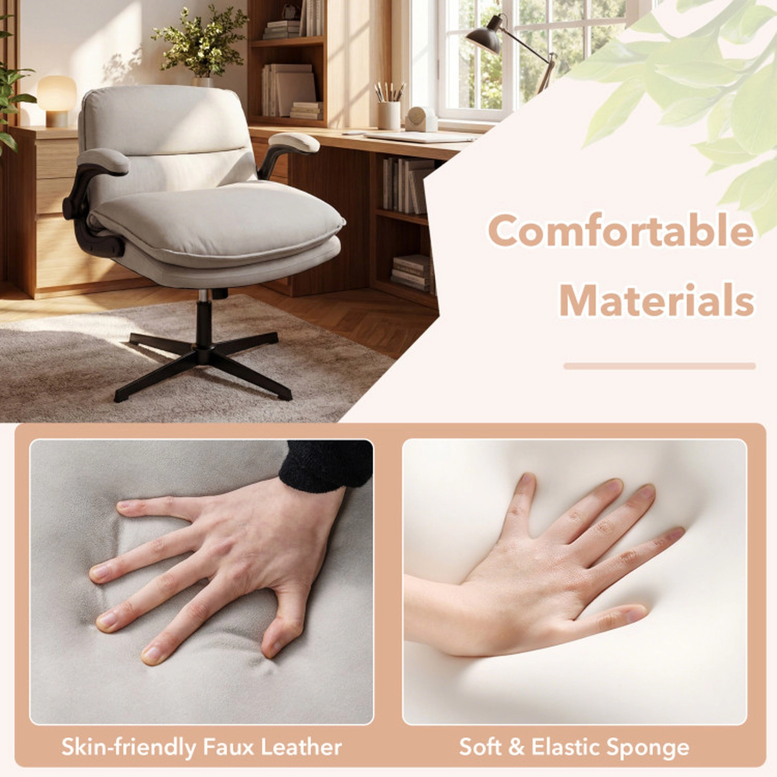SUGIFT Flip-up Arms Wide Backrest Criss Cross Office Desk Chair 30-in x 27-in x 31-in 330-lb Capacity Beige