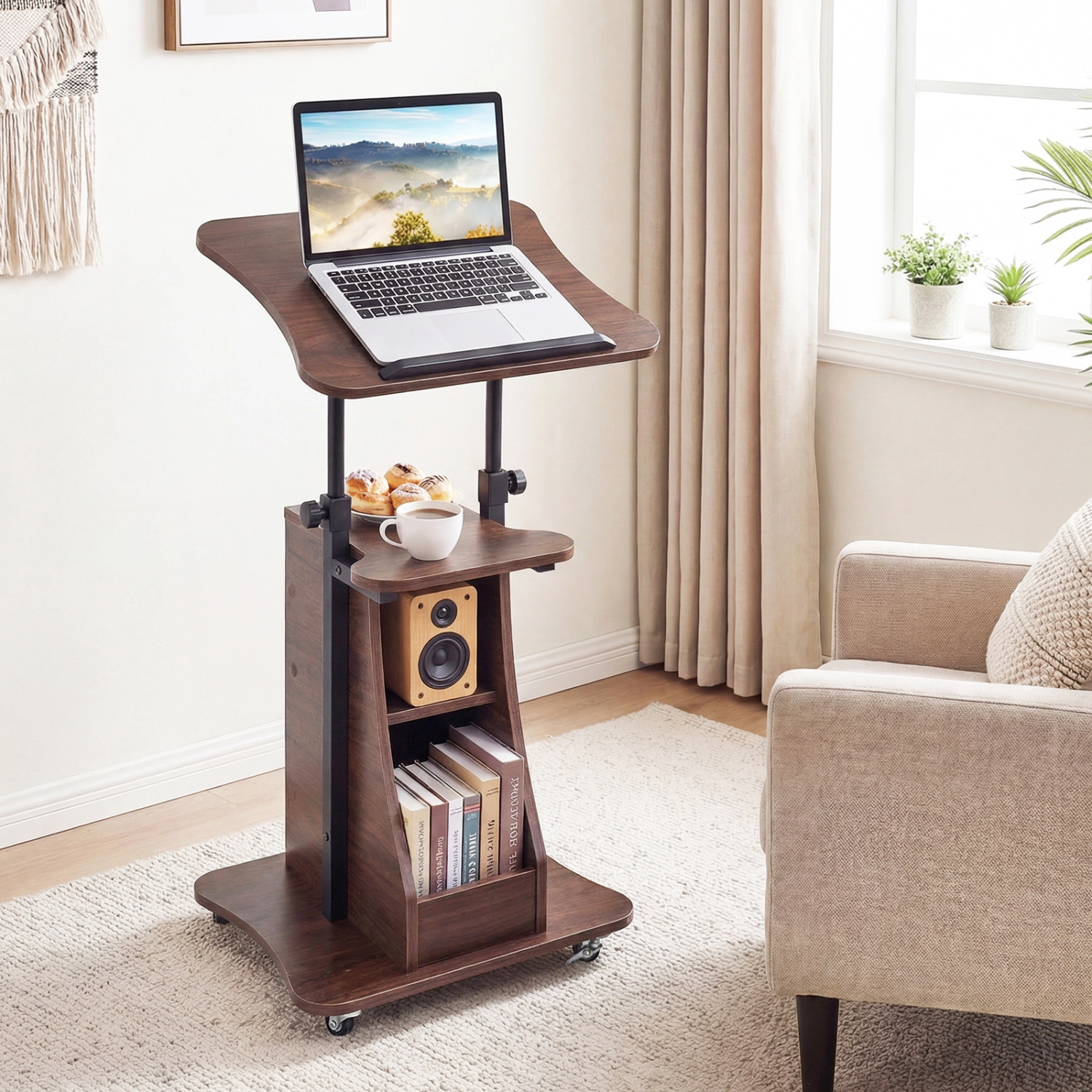SUGIFT Height Adjustable Mobile Laptop Podium Stand Lap Desk with Tilting Tabletop 200-lb Capacity Brown