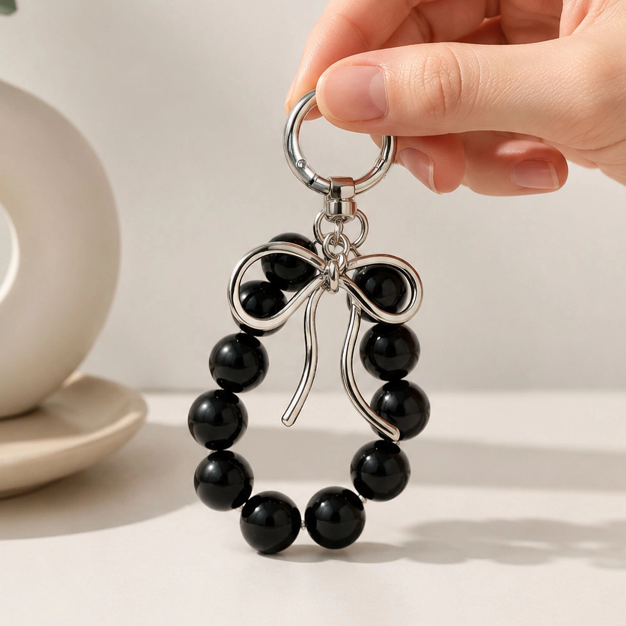 Alilang Women's Beaded Bow Keychain with Round Bead Loop and Metal Clip Bag Charm, Black