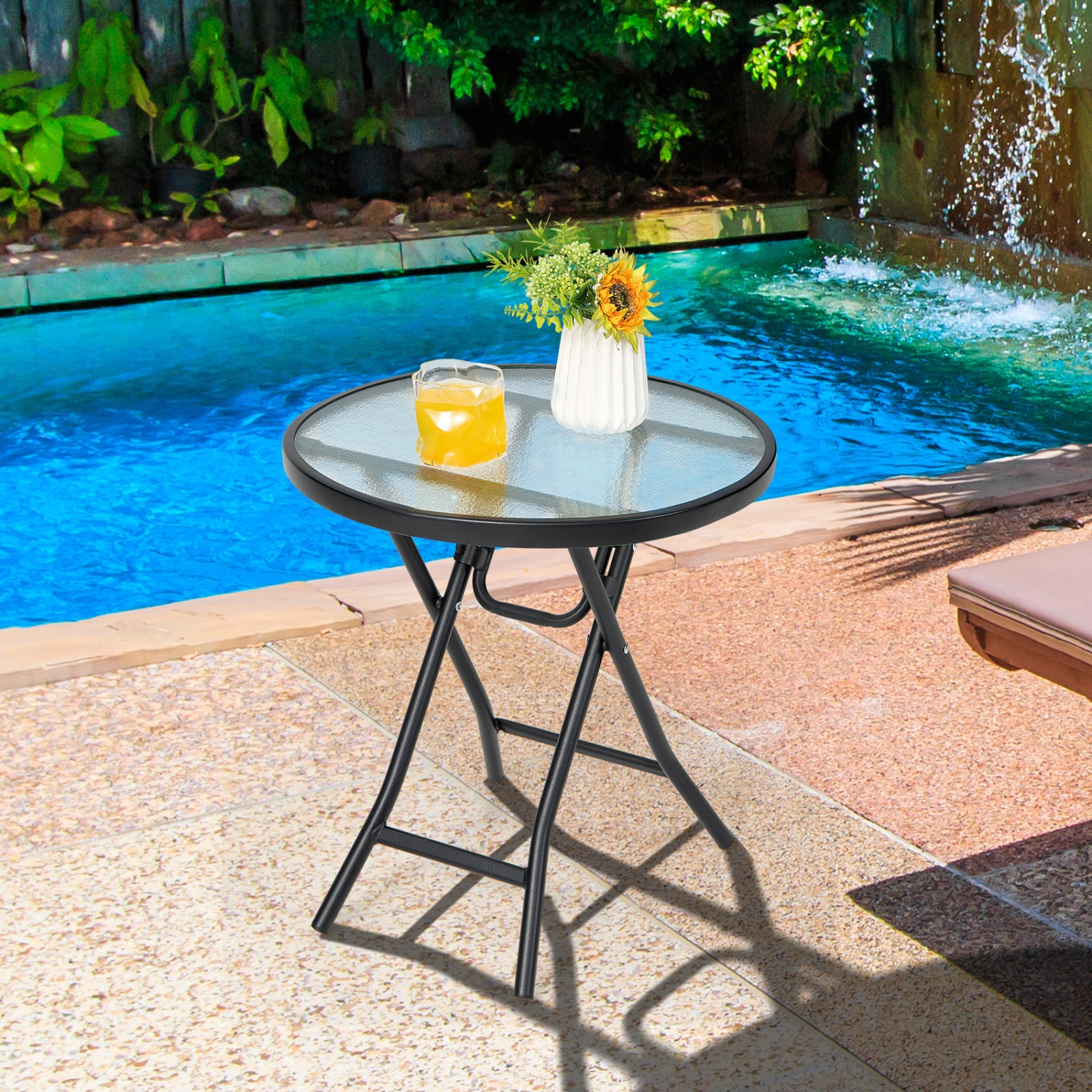 SUGIFT Set of 2 Folding Round Patio Side Tables with Tempered Glass Top 18 x 18.5-in Surface 110-lb Capacity Black