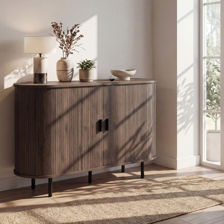 Hivvago 47 Inch Fluted Sideboard Buffet Cabinet With Tambour Sliding Doors And Metal Legs