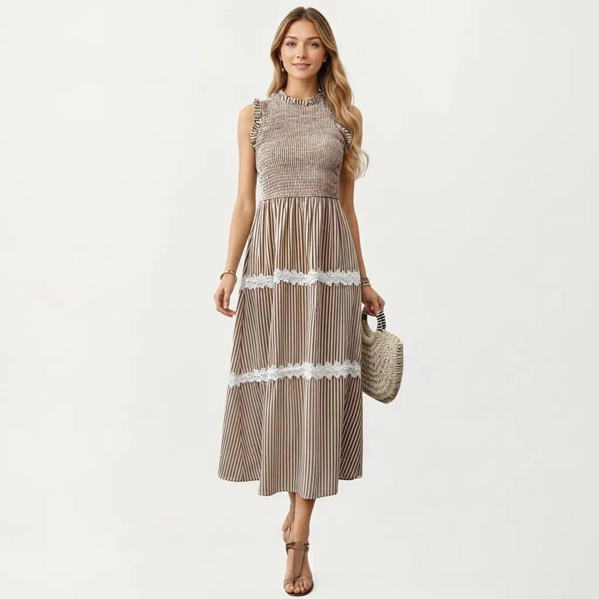 Anna-Kaci Womens Sleeveless Smocked Midi Dress with Lace Trim