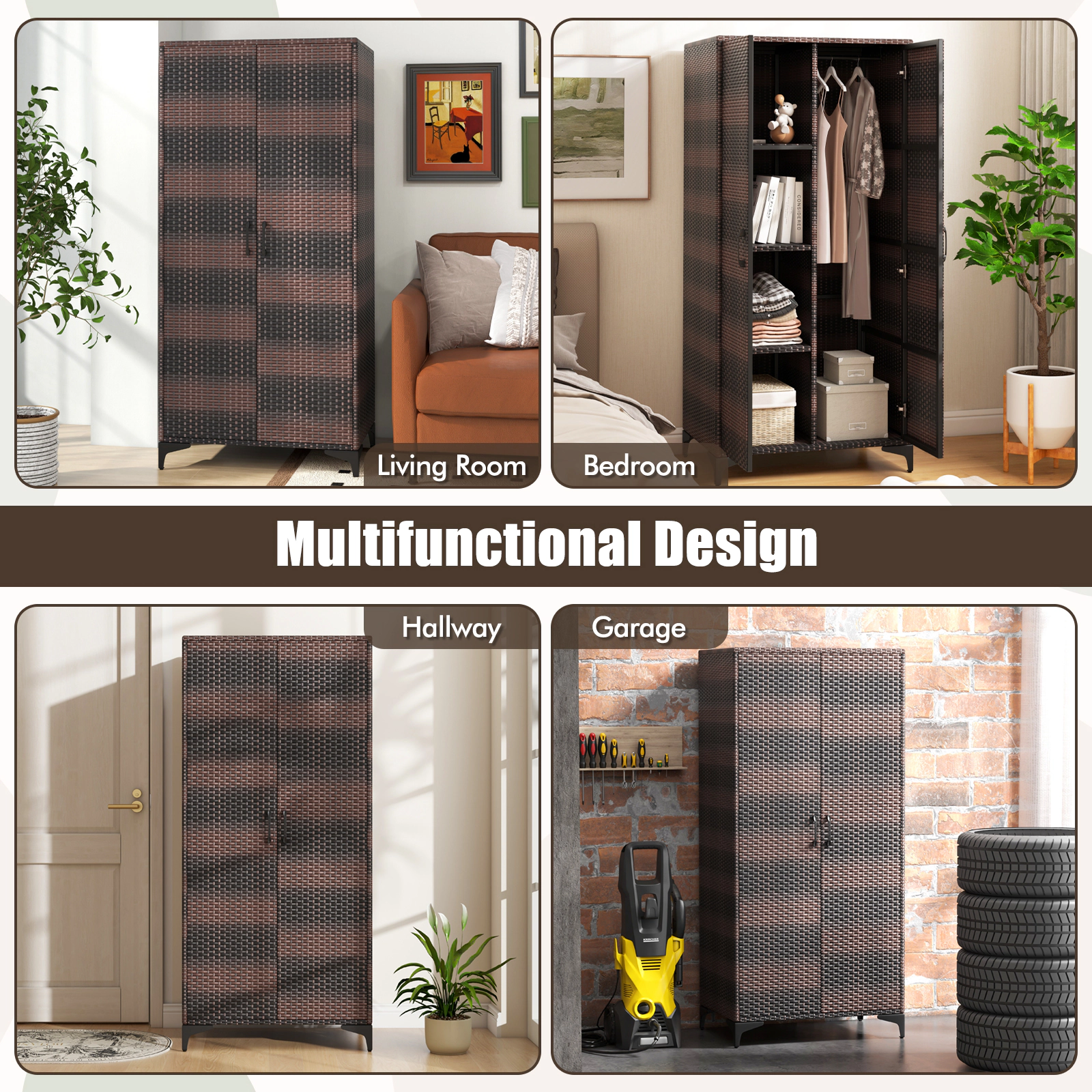 SUGIFT Brown 2 Doors Hanging Rod and 4 Storage Cubes 62-in Wicker Wardrobe