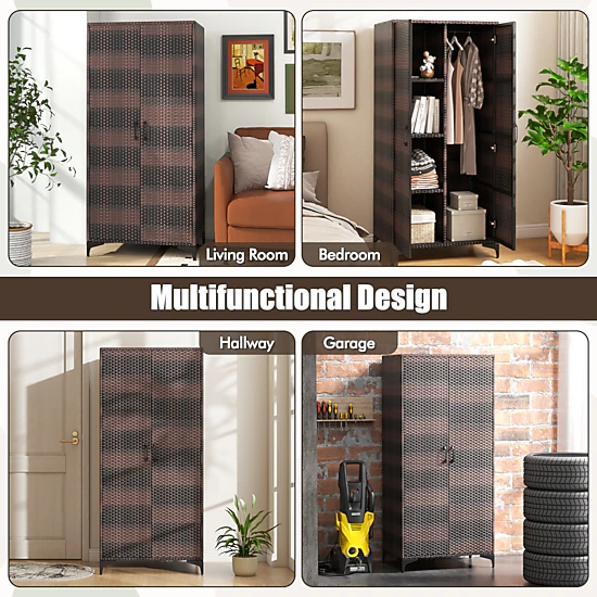 SUGIFT Brown 2 Doors Hanging Rod and 4 Storage Cubes 62-in Wicker ...