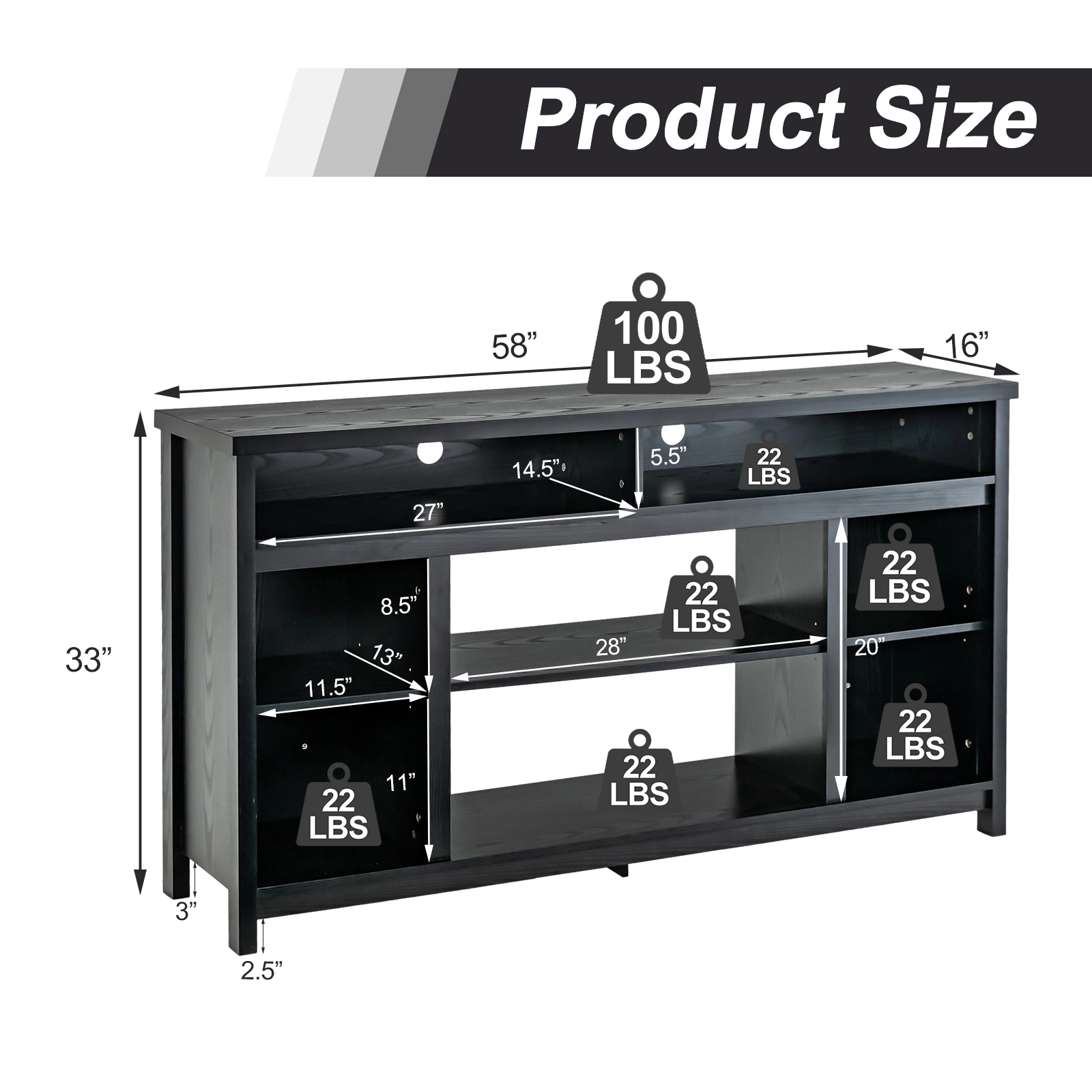 Hivvago 58 Inch Tv Stand Entertainment Console Center With Adjustable Open Shelves-Black