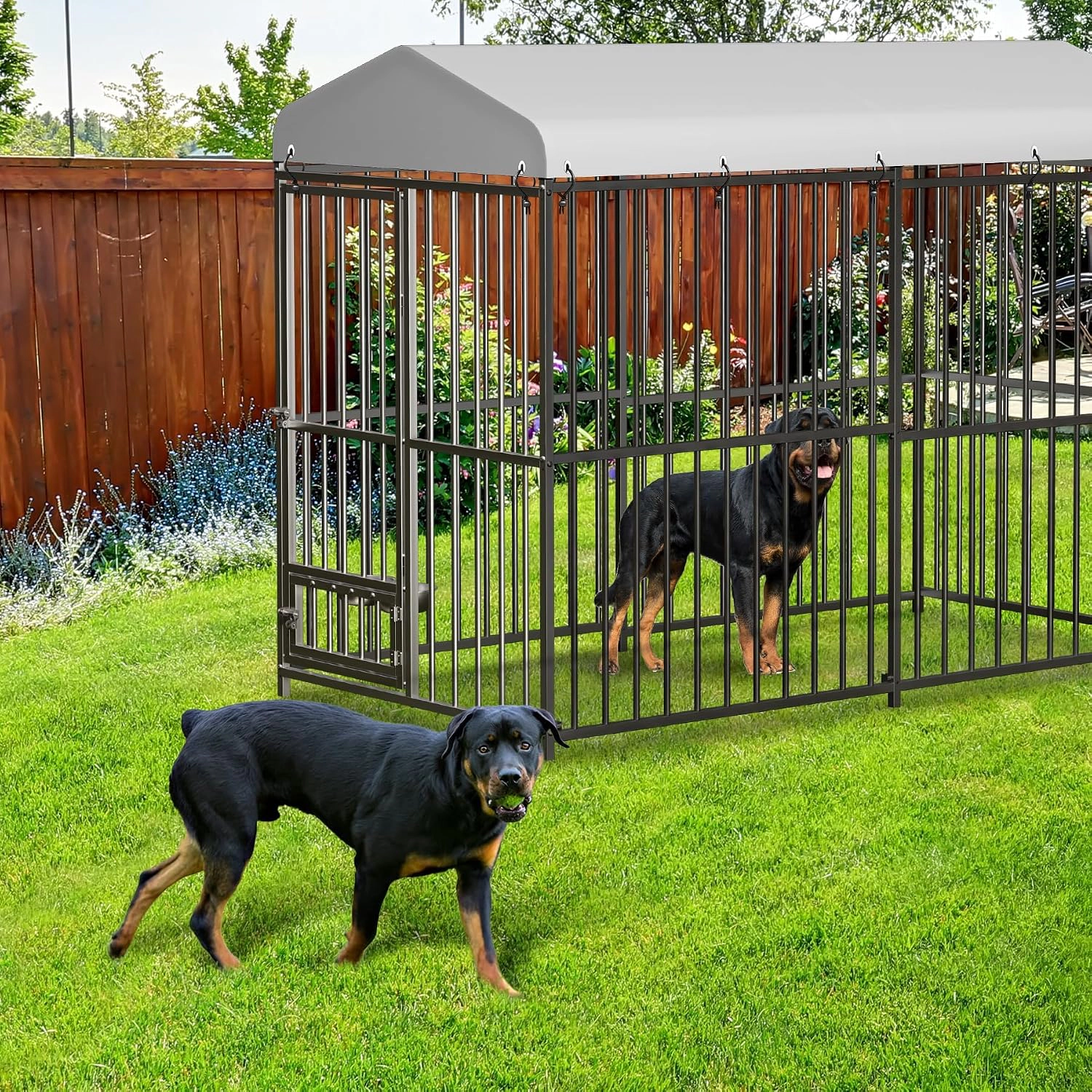 8x4x6 FT Outdoor Dog Kennel, Metal Pet Enclosure with Waterproof Roof & Swivel Feeder