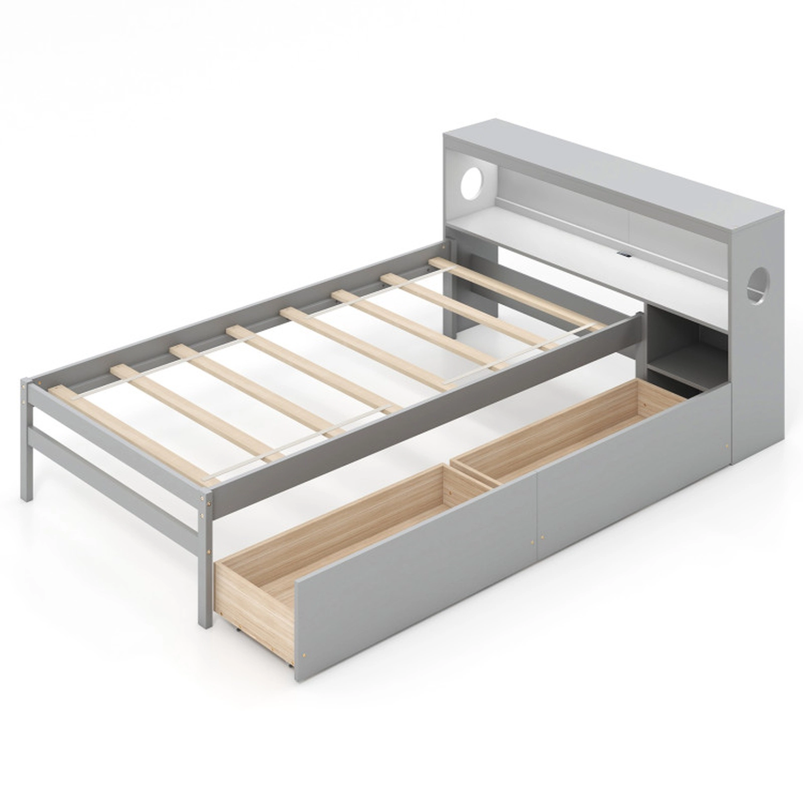 SUGIFT Gray LED Light Bookcase Headboard Drawers and USB Ports Twin Size Bed Frame